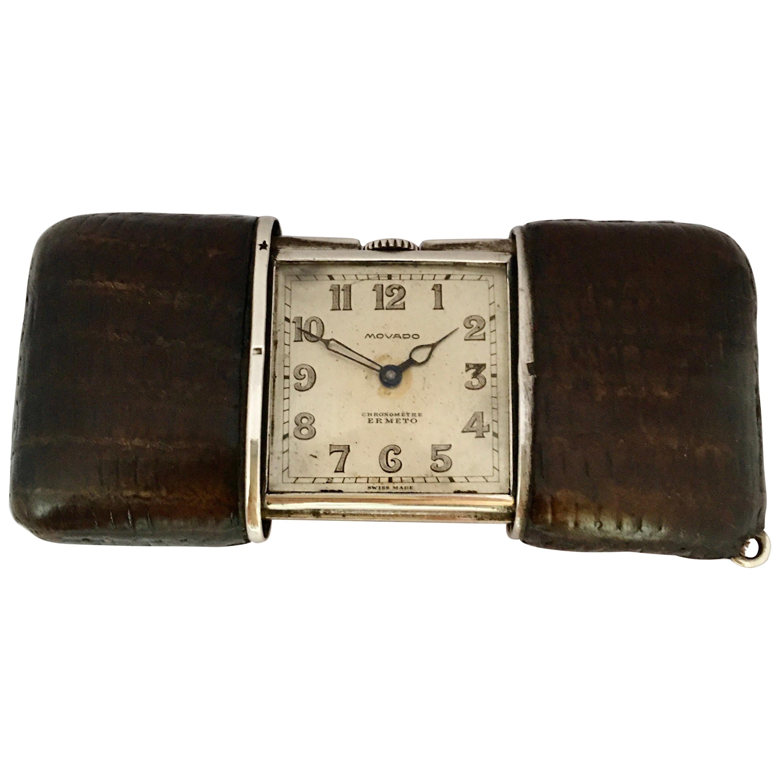 Vintage Silber und braunem Leder Movado Ermeto Chronométre Reise oder Handtasche Uhr im Angebot