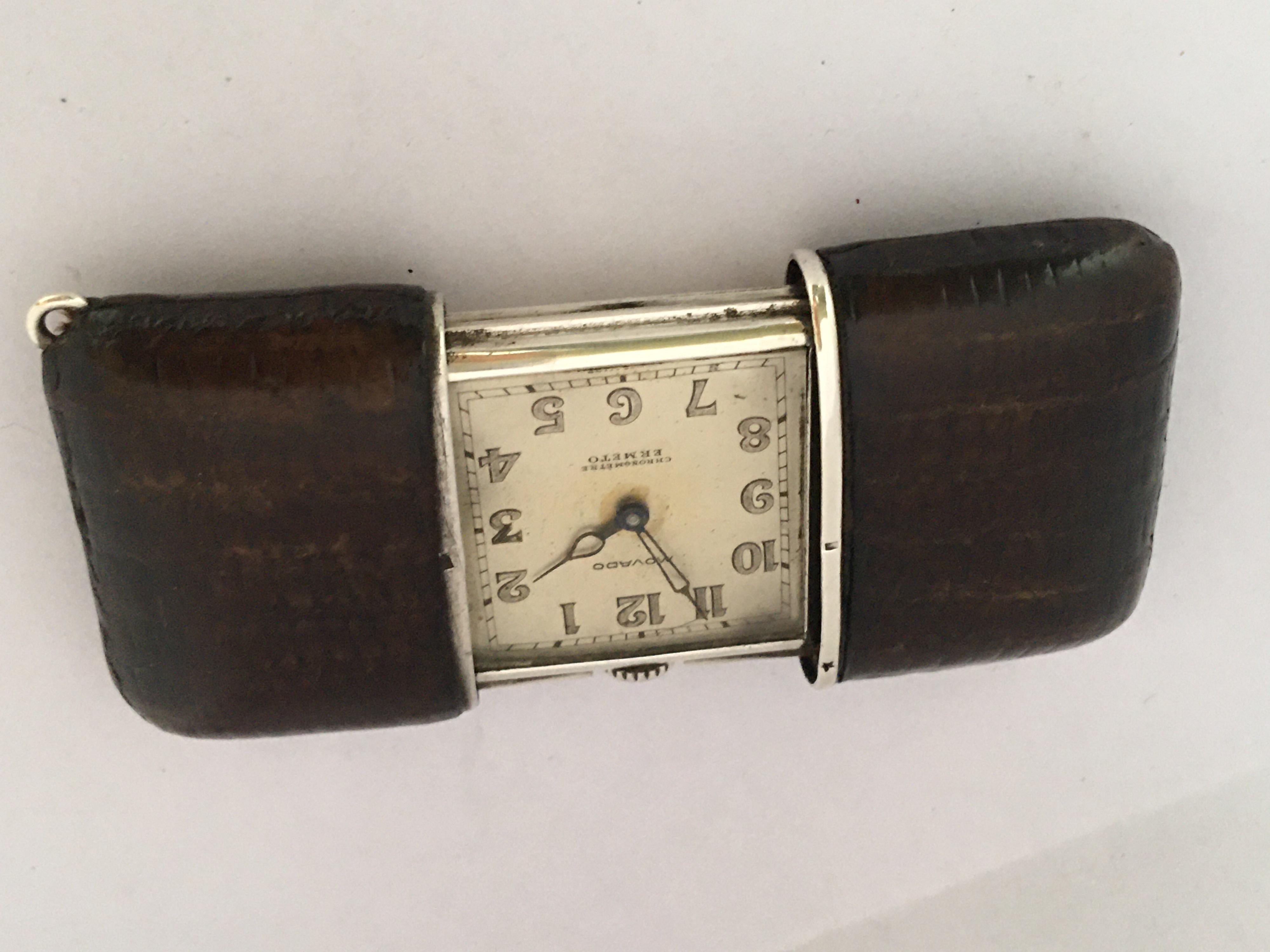 Vintage Silver and Brown Leather Movado Ermeto Chronométre Travel or Purse Watch For Sale 12