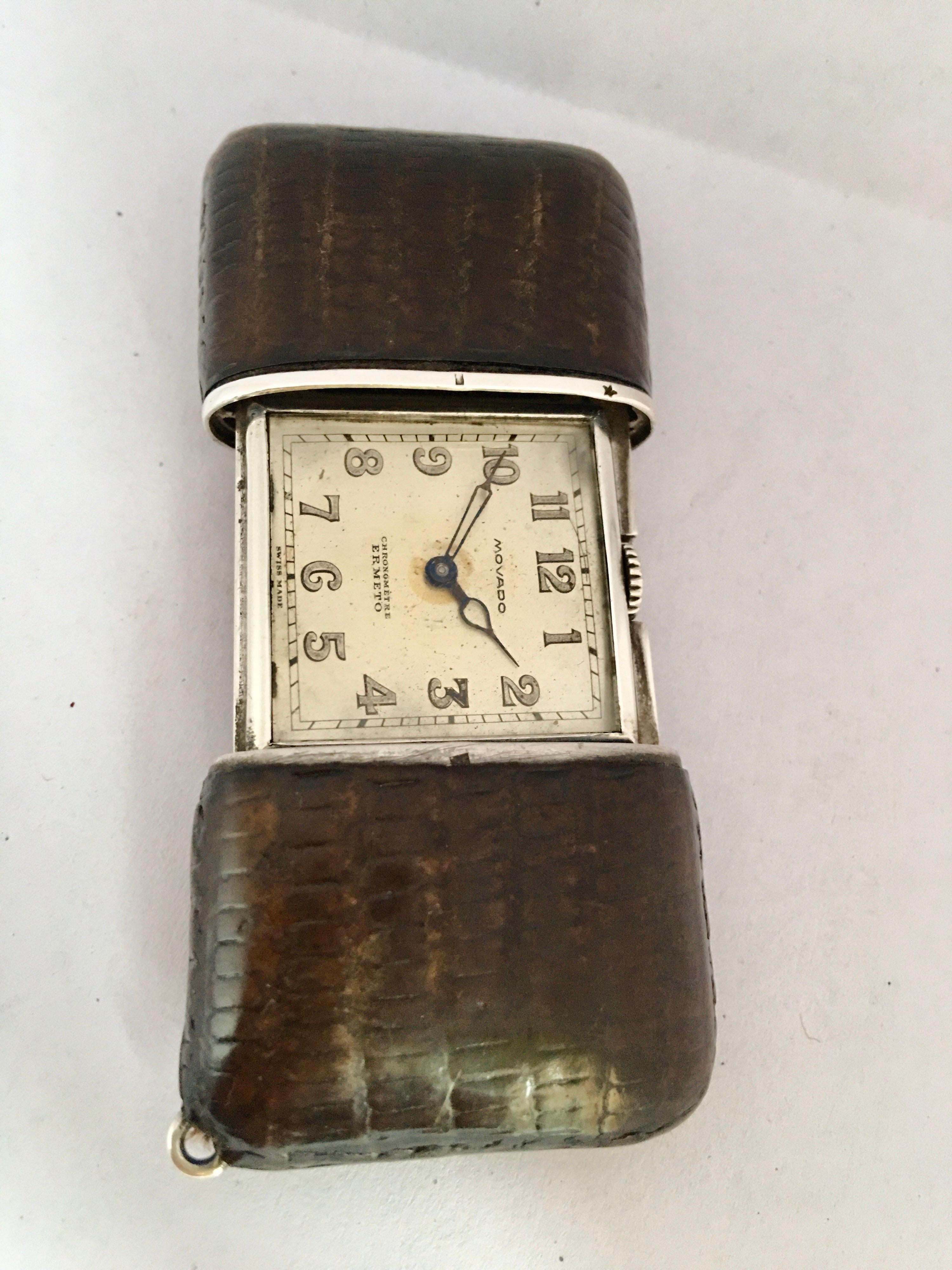 Vintage Silver and Brown Leather Movado Ermeto Chronométre Travel or Purse Watch For Sale 13