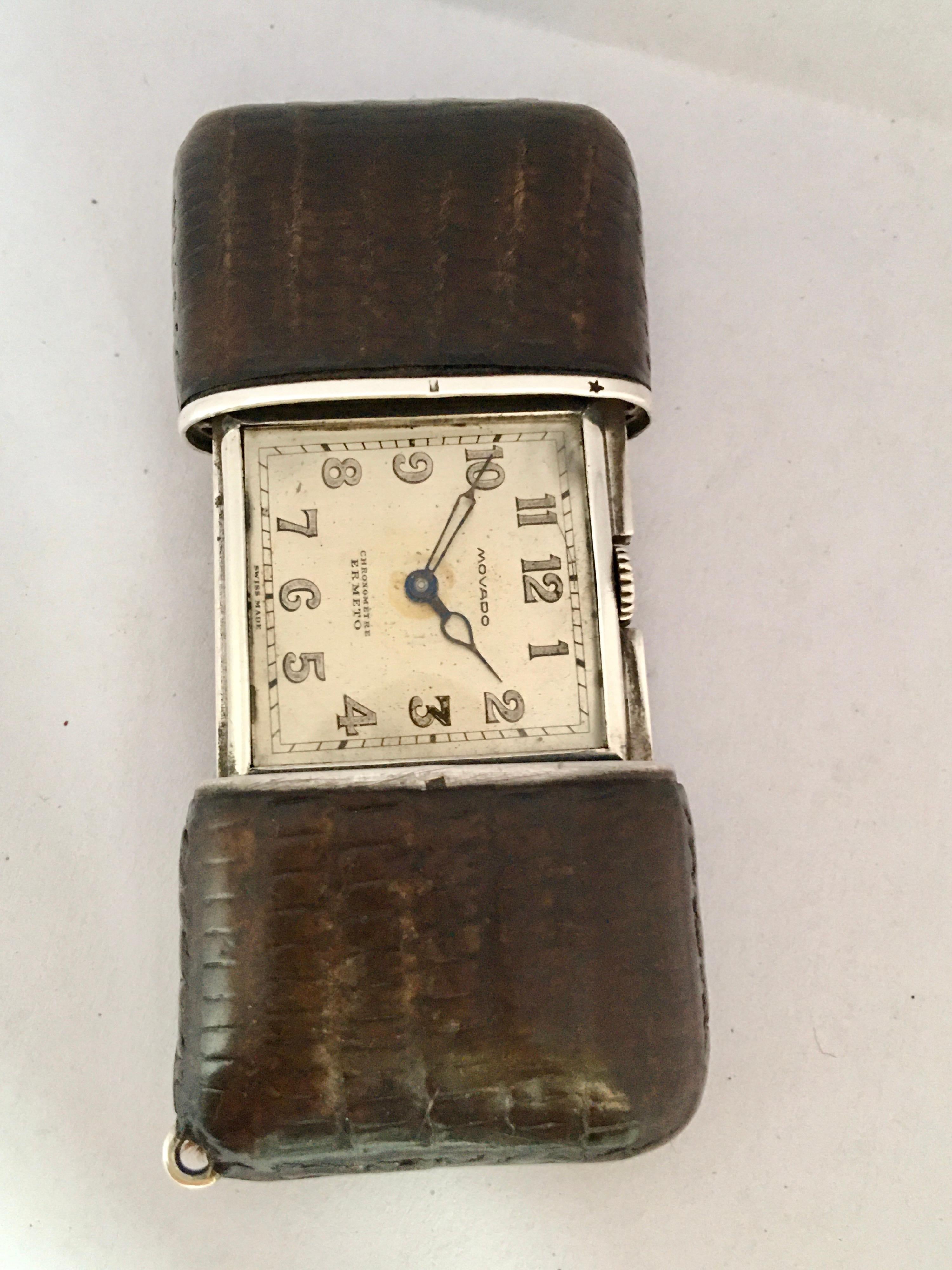 Montre de voyage ou de sac à main Movado Ermeto Chronométre en cuir argenté et brun. Bon état - En vente à Carlisle, GB