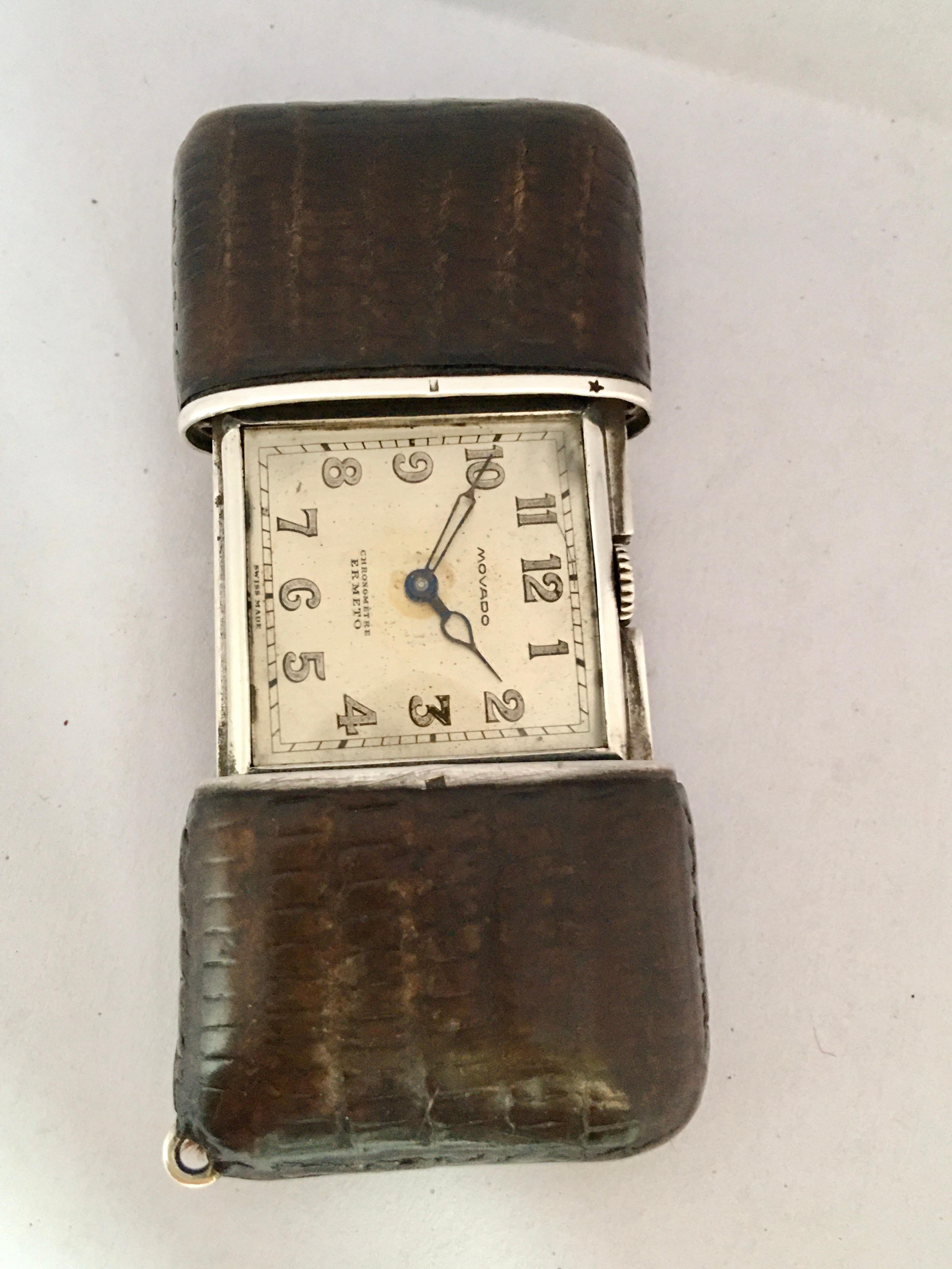 Vintage Silber und braunem Leder Movado Ermeto Chronométre Reise oder Handtasche Uhr im Zustand „Gut“ im Angebot in Carlisle, GB