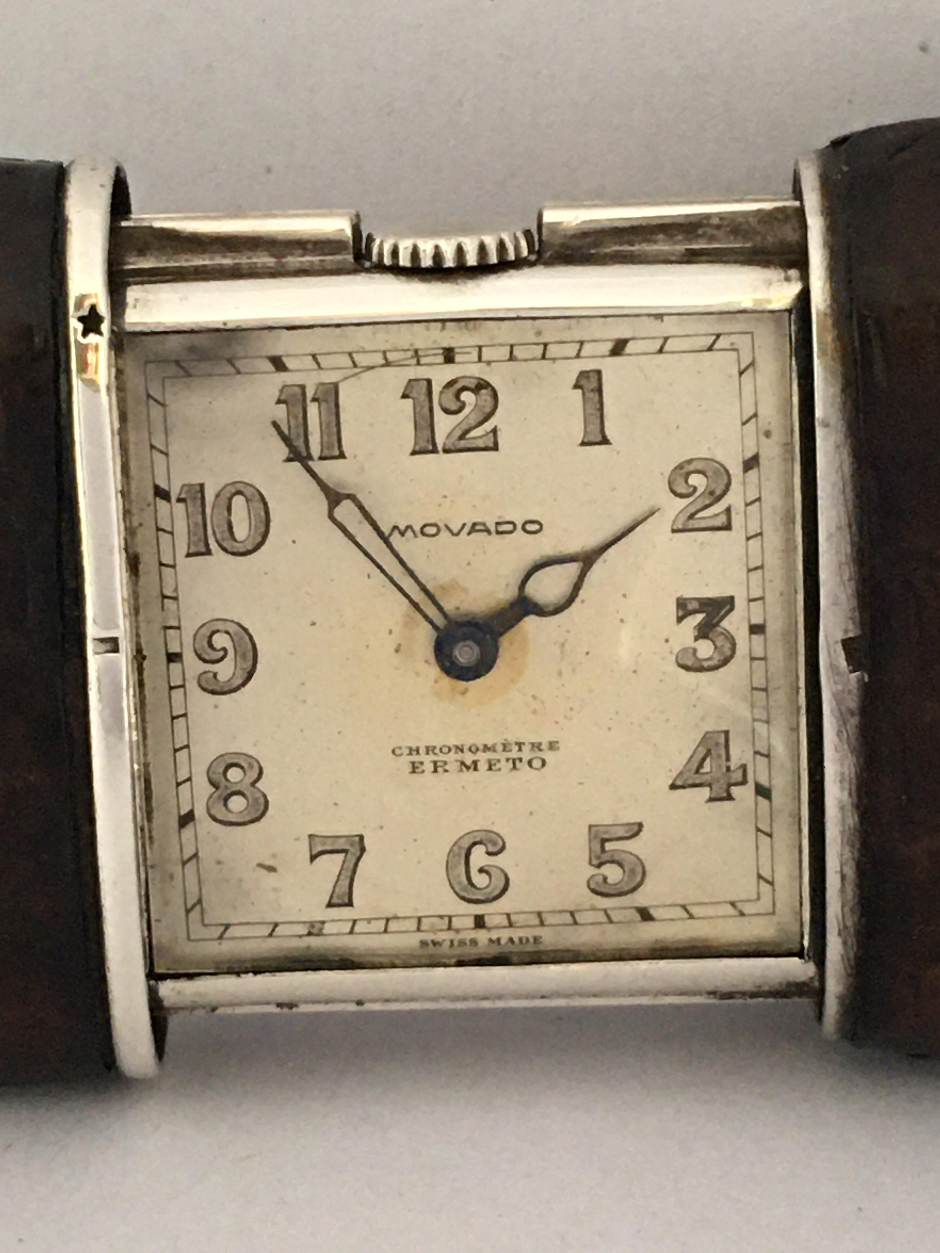 Vintage Silber und braunem Leder Movado Ermeto Chronométre Reise oder Handtasche Uhr für Damen oder Herren im Angebot