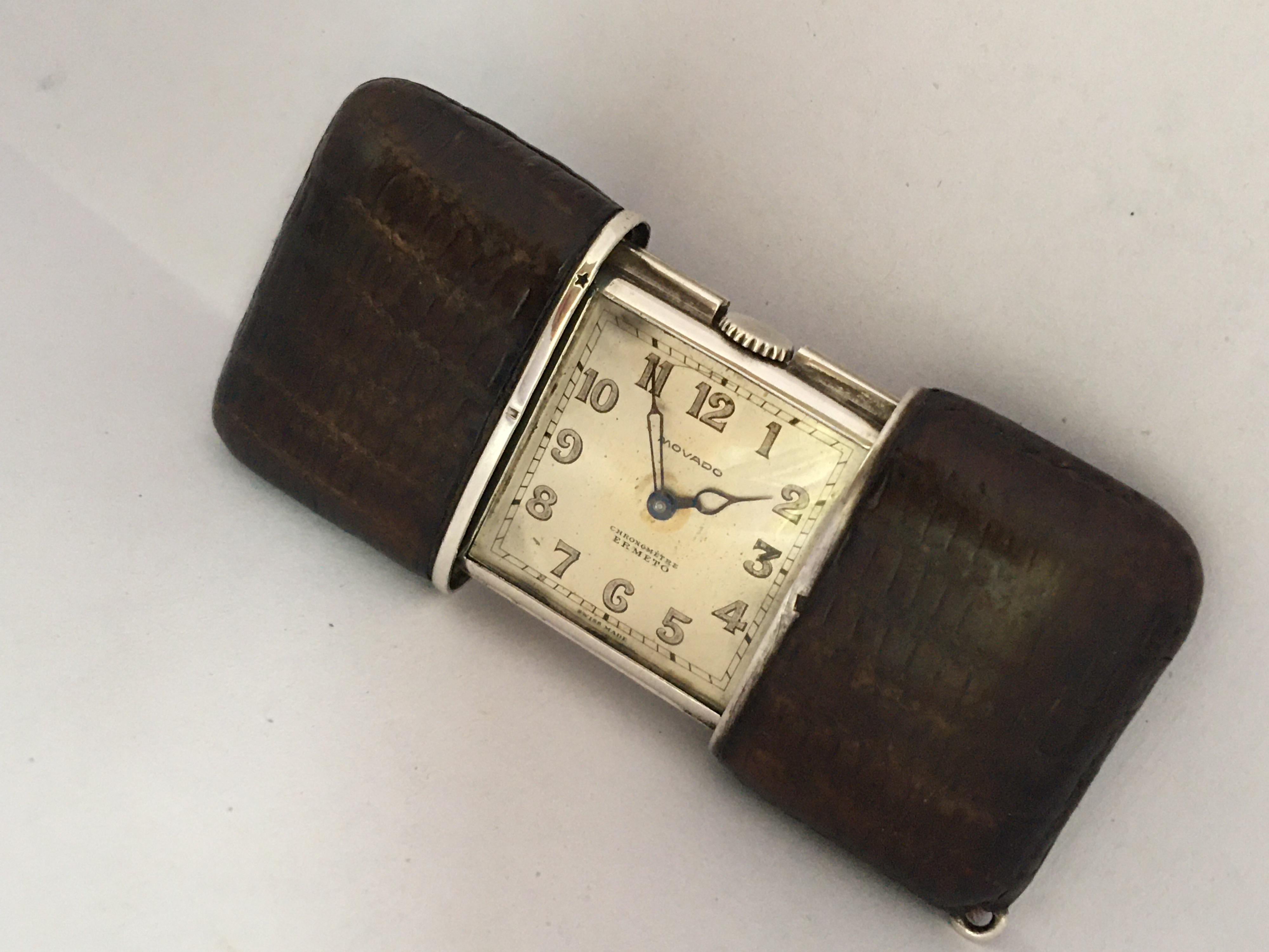 Vintage Silber und braunem Leder Movado Ermeto Chronométre Reise oder Handtasche Uhr im Angebot 1