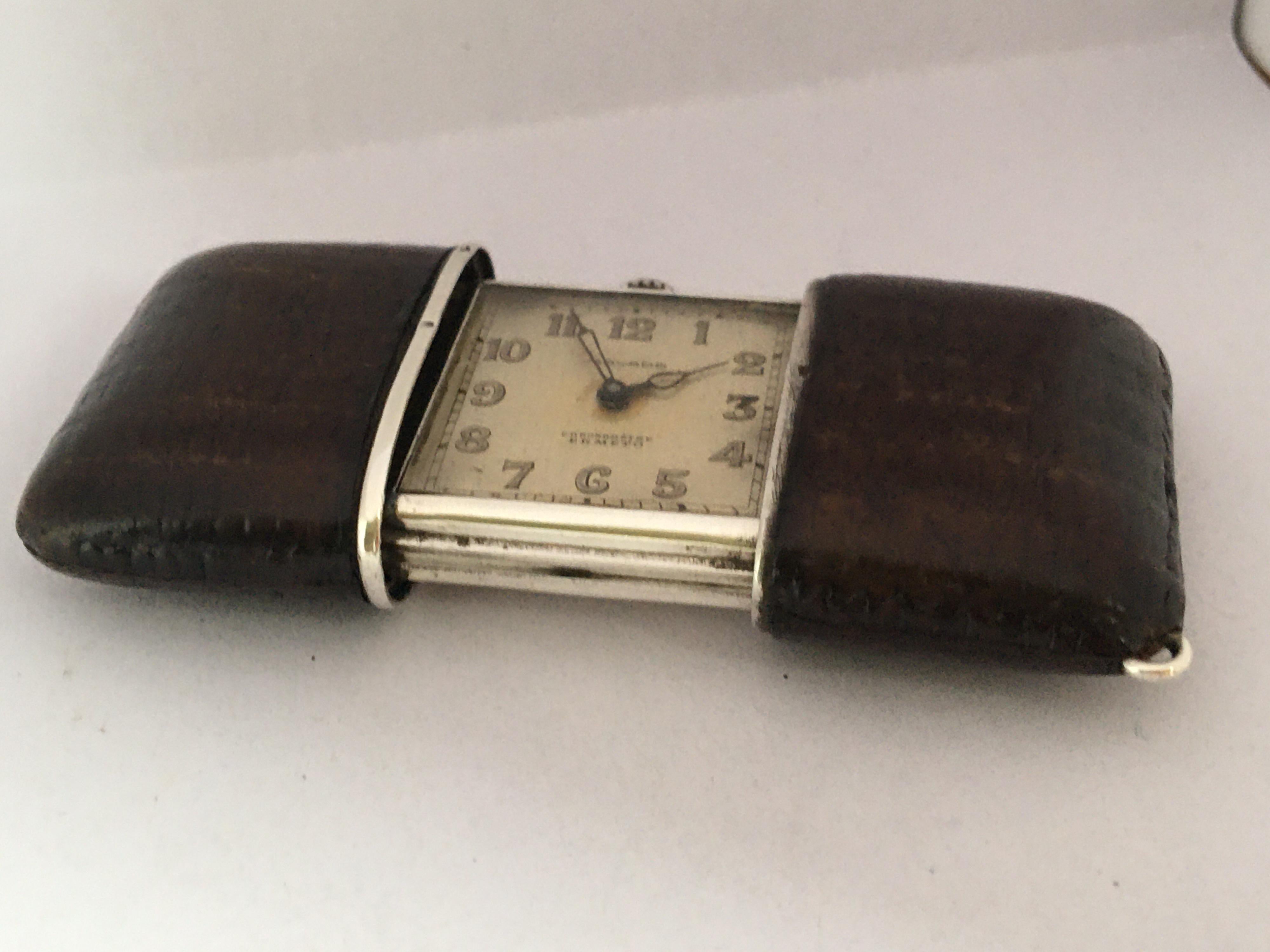 Vintage Silver and Brown Leather Movado Ermeto Chronométre Travel or Purse Watch In Good Condition For Sale In Carlisle, GB