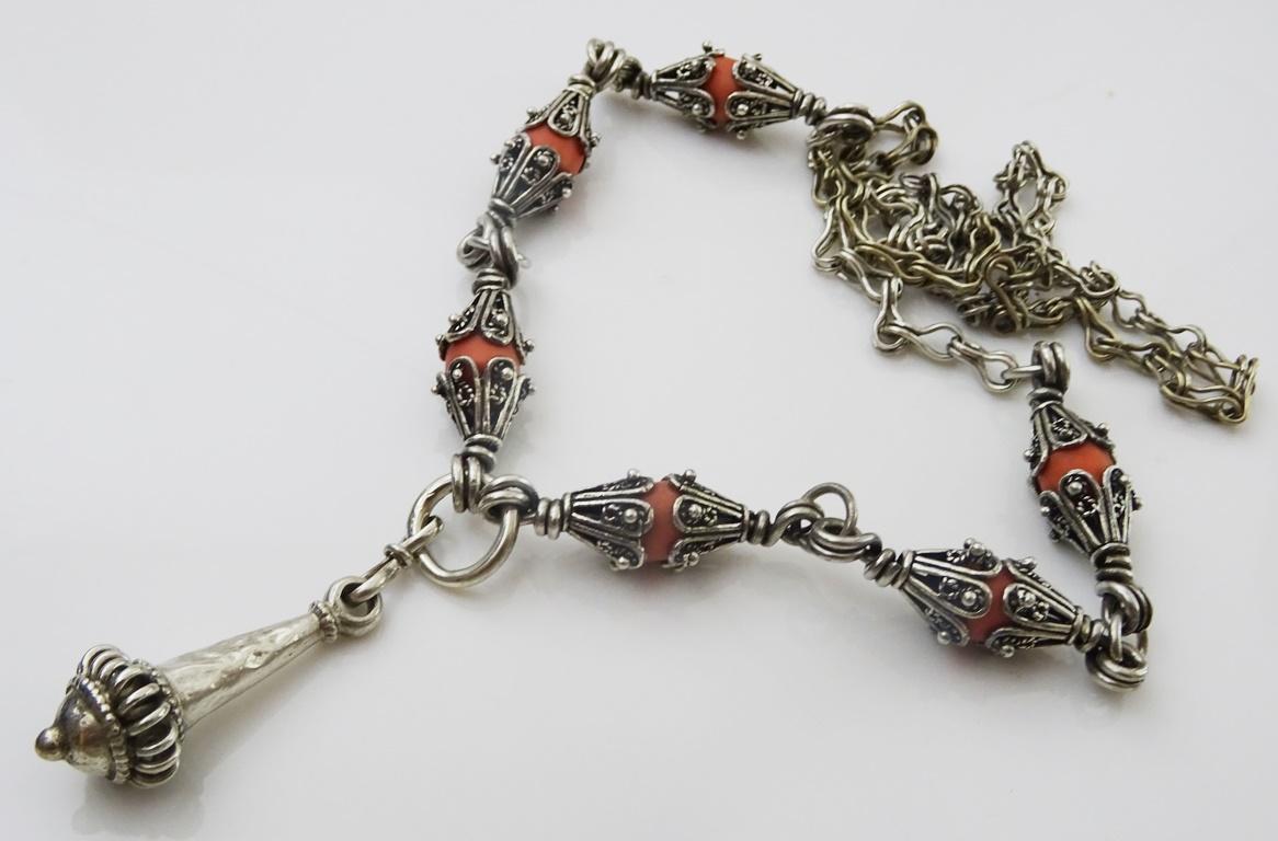 Bead Vintage Silver and Coral Oriental Necklace For Sale