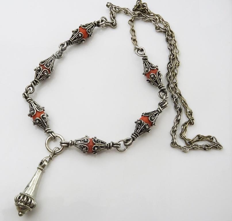 Women's Vintage Silver and Coral Oriental Necklace For Sale