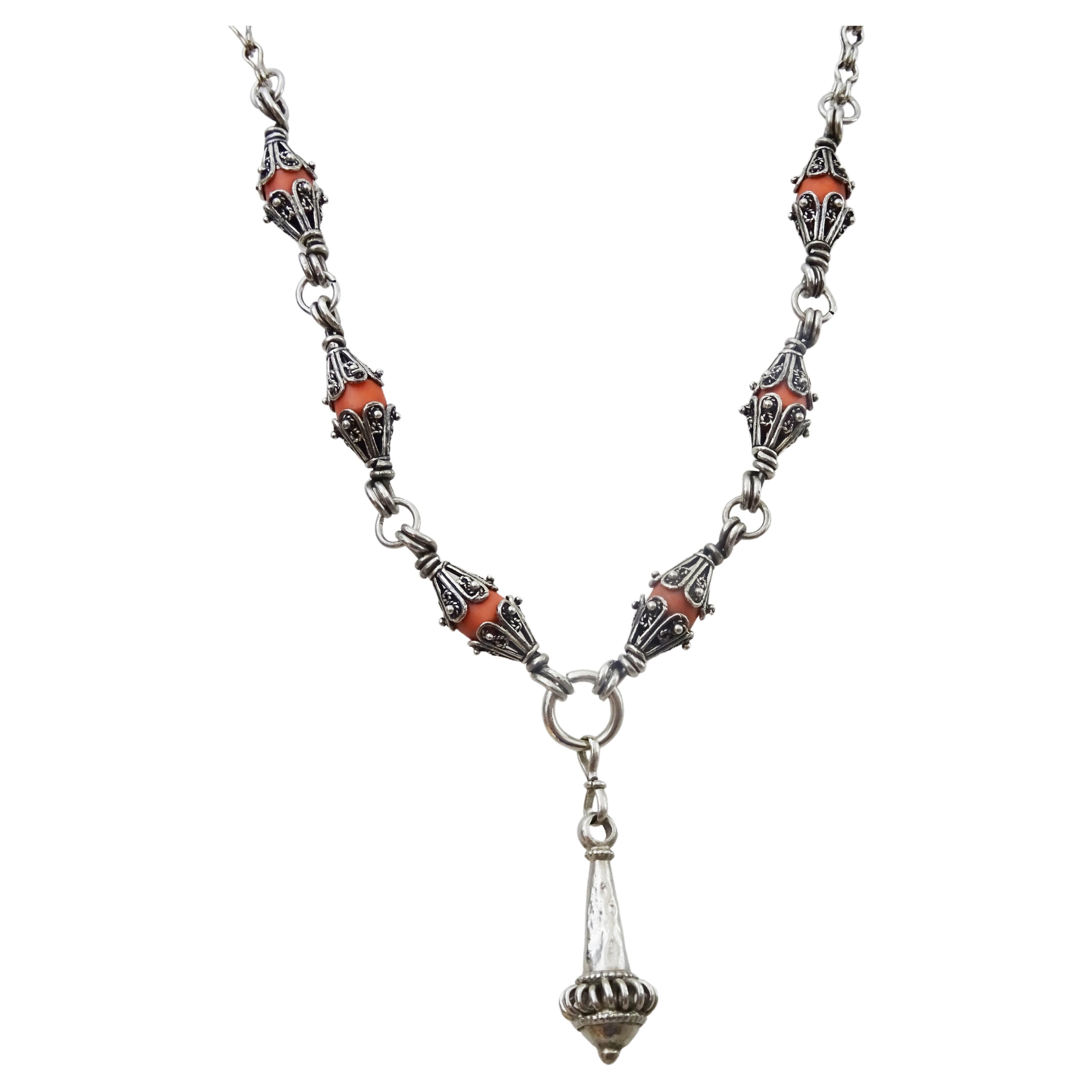 Vintage Silver and Coral Oriental Necklace For Sale