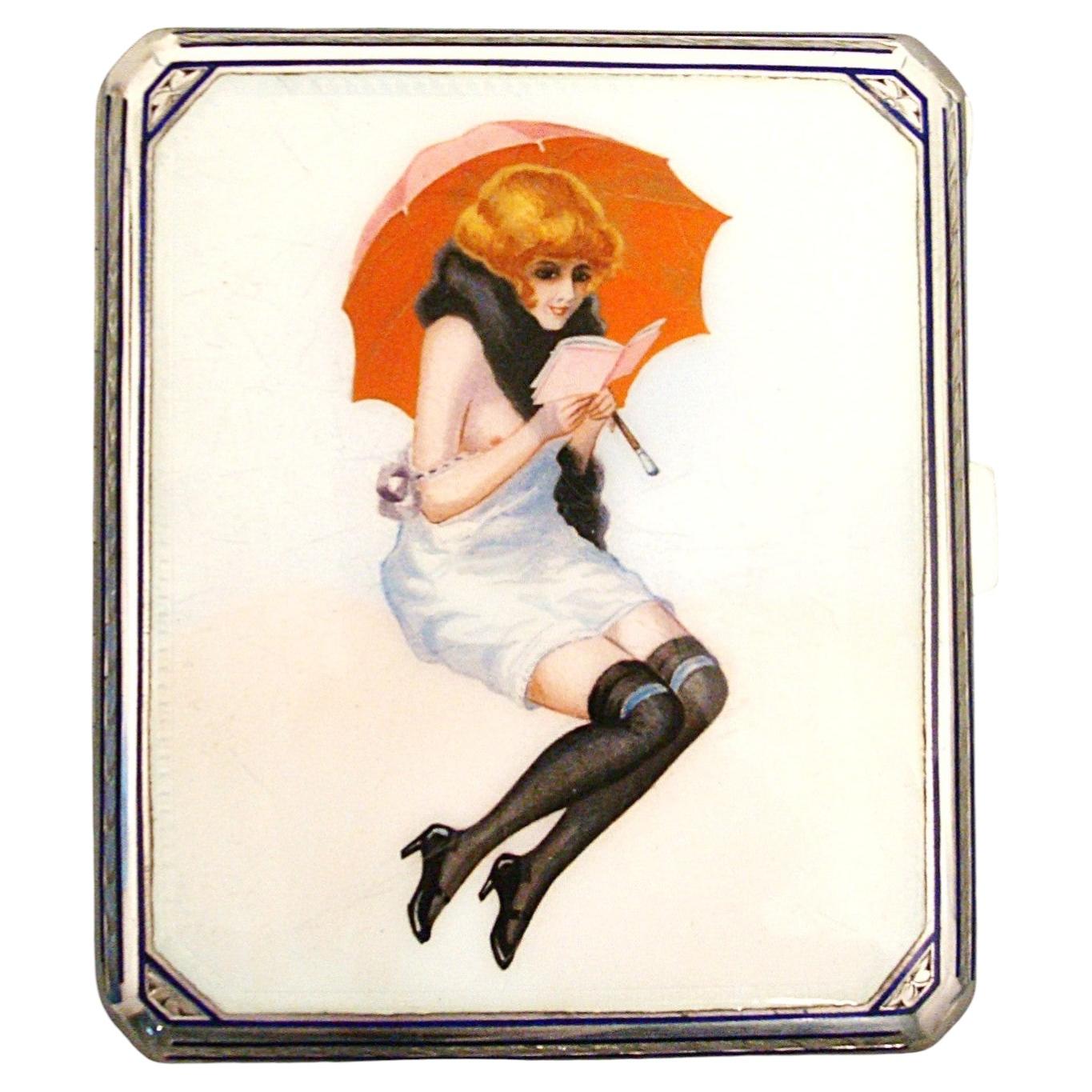 Portasigarette d'epoca in argento e smalto, disegno di una ragazza pin up