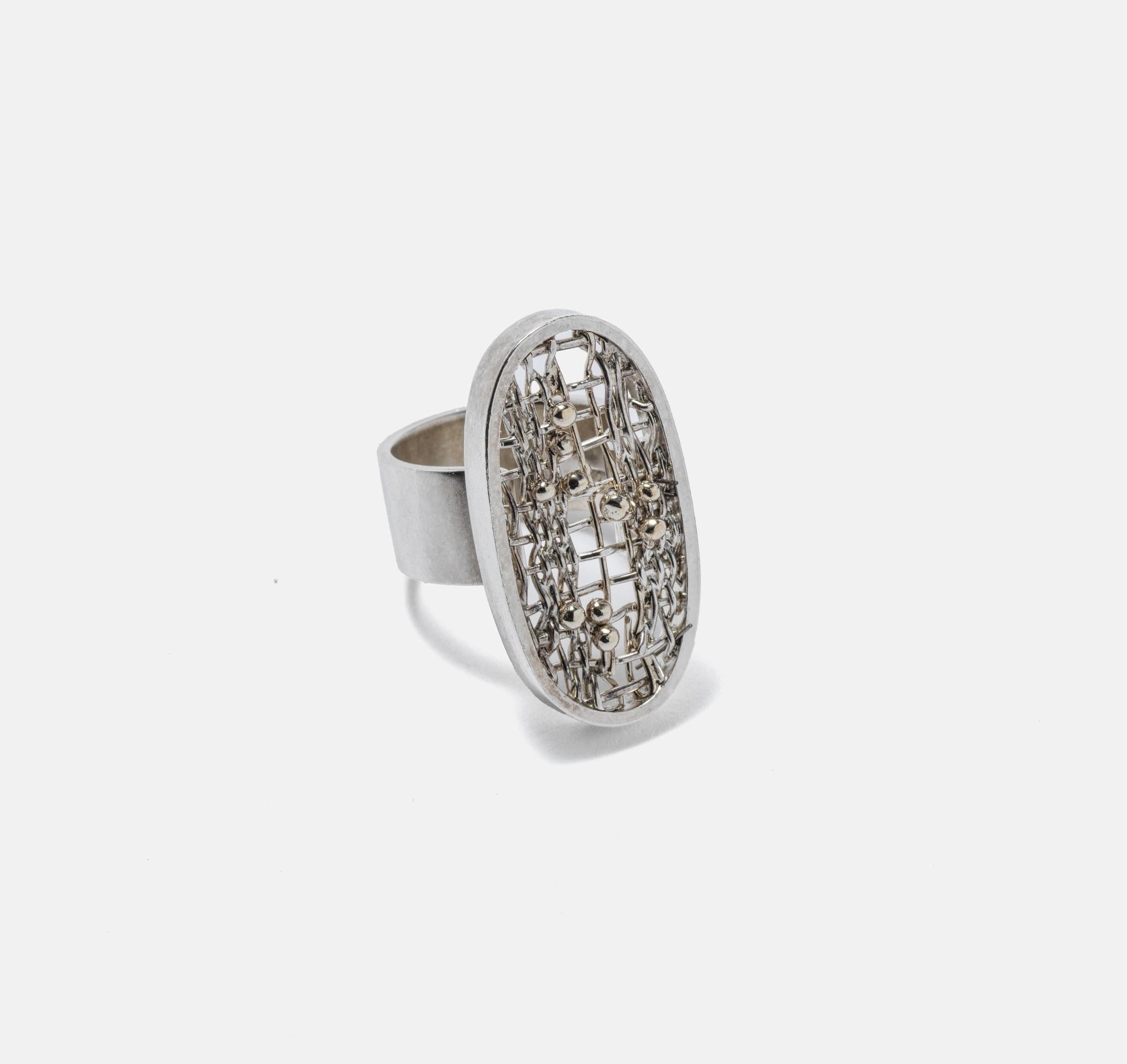 Nicely designed silver ring where silver threads bears small balls of gold on it. This type of design is typical for Anders Högberg. He was one of swedens most prominent silver and goldsmiths in the 1970 and 80s. In our store you will see a pair of