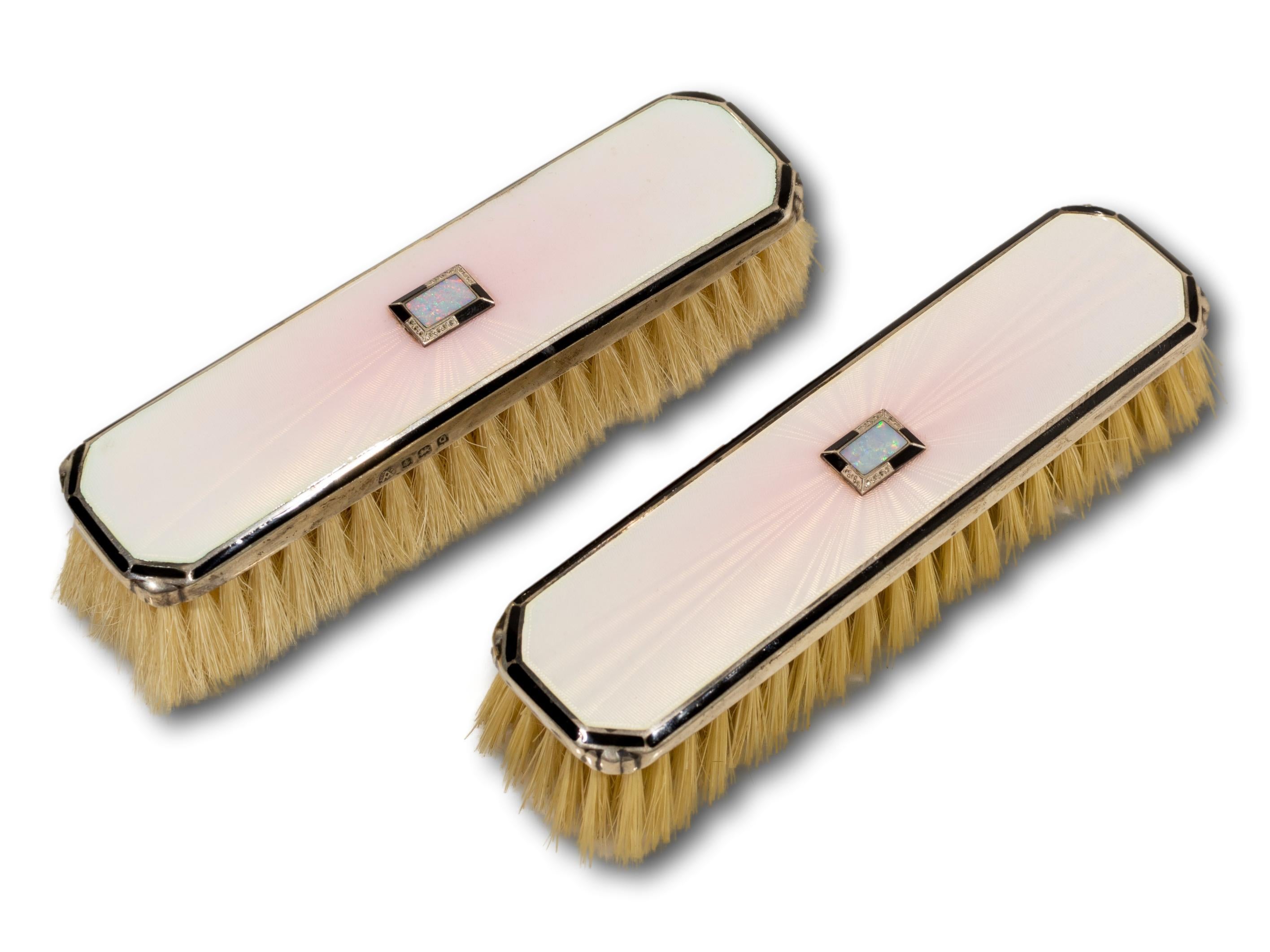 Art Deco Vintage Silver and Guilloche Enamel Vanity Clothes' Brushes with Onyx and Opal