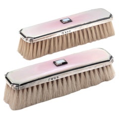 Retro Silver and Guilloche Enamel Vanity Clothes' Brushes with Onyx and Opal