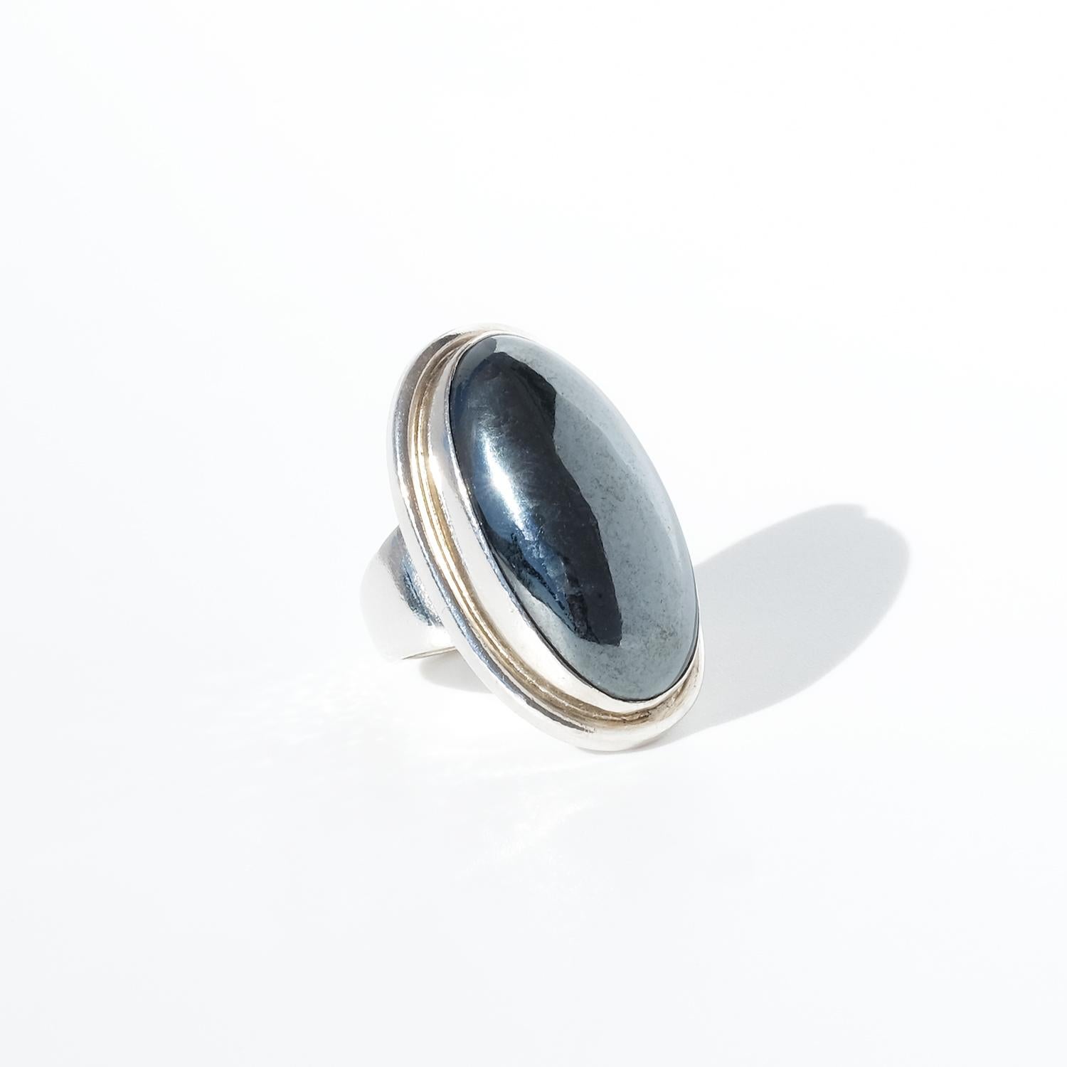 Cabochon Vintage Silver and Hematite Ring by Harald Nielsen for Georg Jensen For Sale