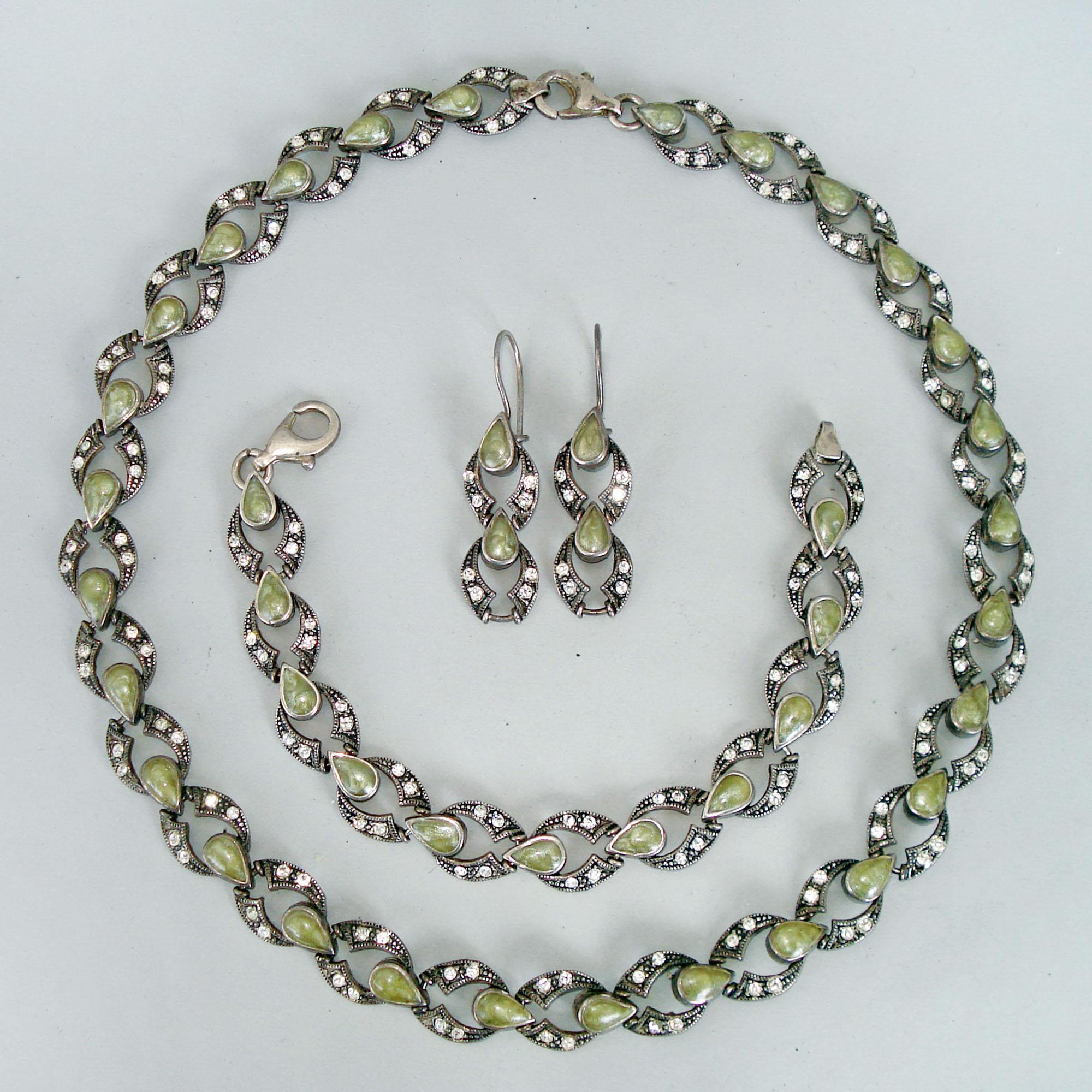 Late 20th Century Vintage Silver and Marcasite Jewelry Set Necklace, Bracelet and Earrings, 1980s