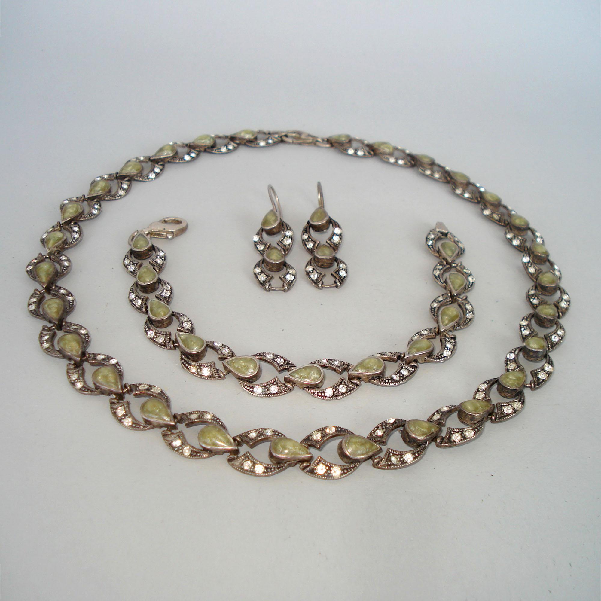 Sterling Silver Vintage Silver and Marcasite Jewelry Set Necklace, Bracelet and Earrings, 1980s