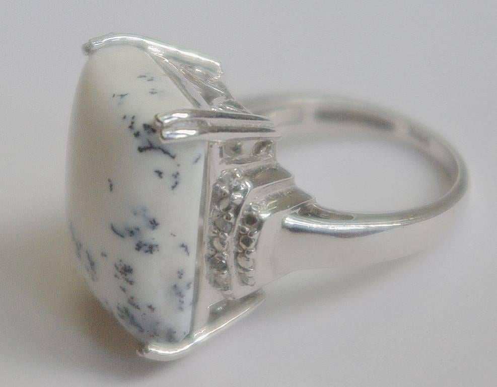 Silver and Merlinite White Moss Agate Ring with Clear Rhinestones, circa 1990s In Good Condition In London, GB