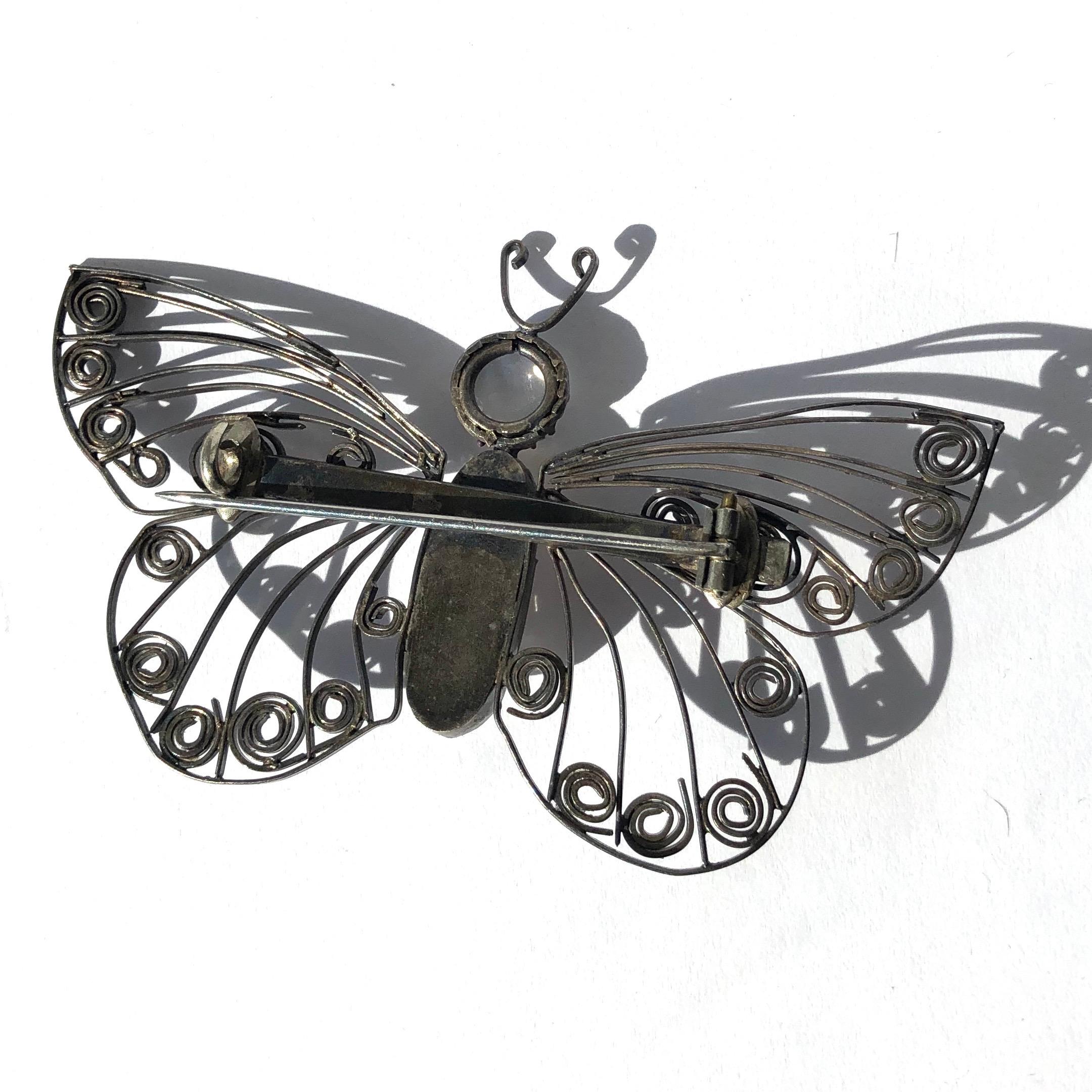Modern Vintage Silver and Moonstone Butterfly Brooch