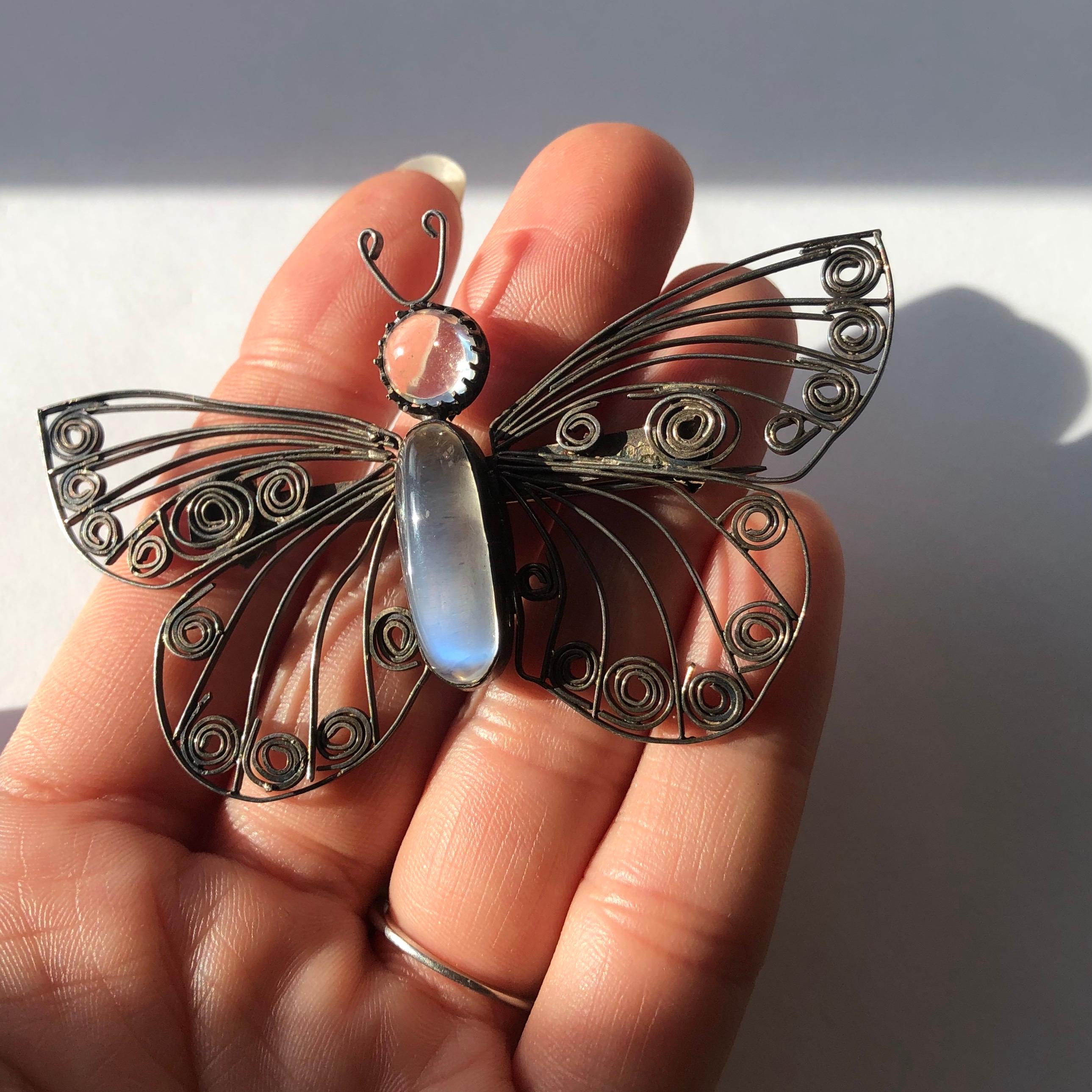 Vintage Silver and Moonstone Butterfly Brooch In Good Condition In Chipping Campden, GB