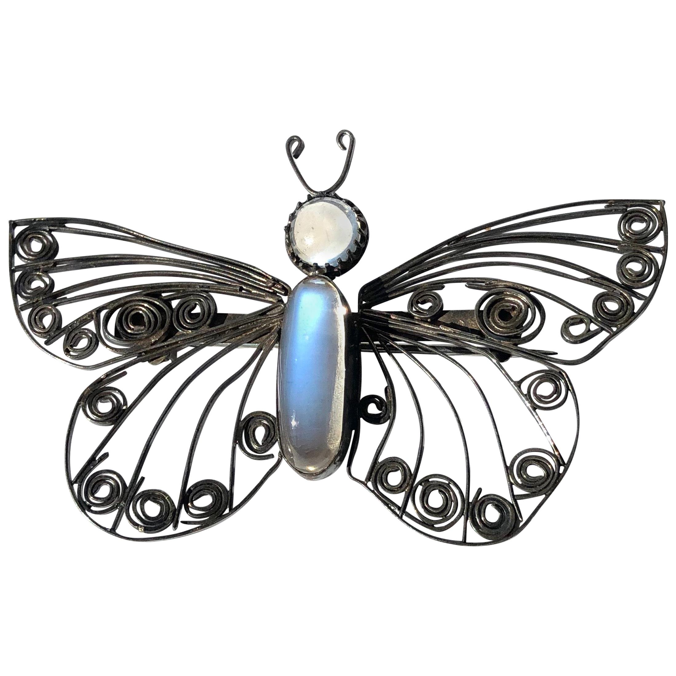 Vintage Silver and Moonstone Butterfly Brooch