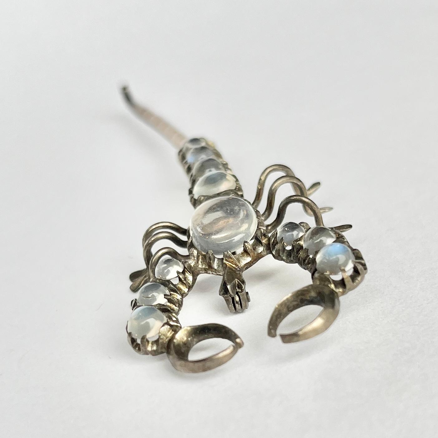 Modern Vintage Silver and Moonstone Scorpion Brooch For Sale