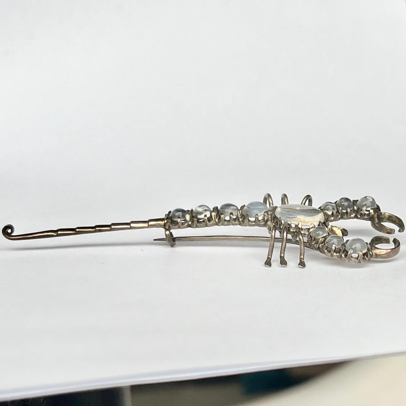 Cabochon Vintage Silver and Moonstone Scorpion Brooch For Sale