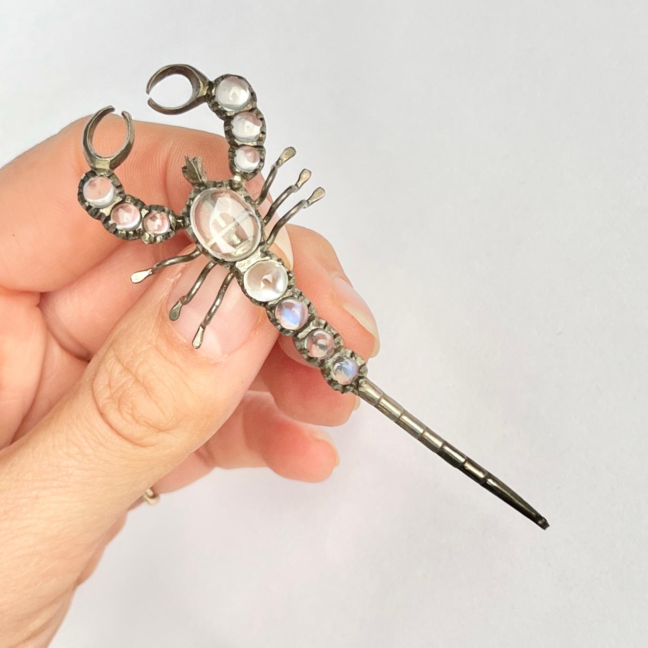 Vintage Silver and Moonstone Scorpion Brooch In Good Condition For Sale In Chipping Campden, GB