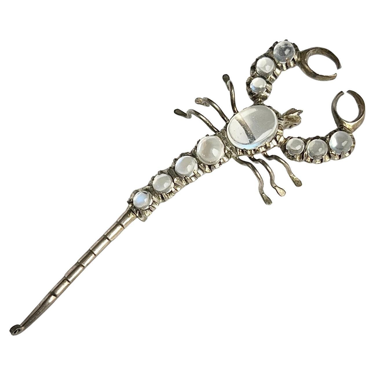 Vintage Silver and Moonstone Scorpion Brooch For Sale