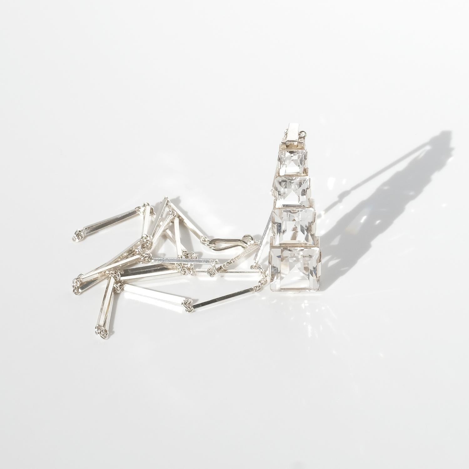 Square Cut Vintage Silver and Rock Crystal Necklace Made 1945 For Sale