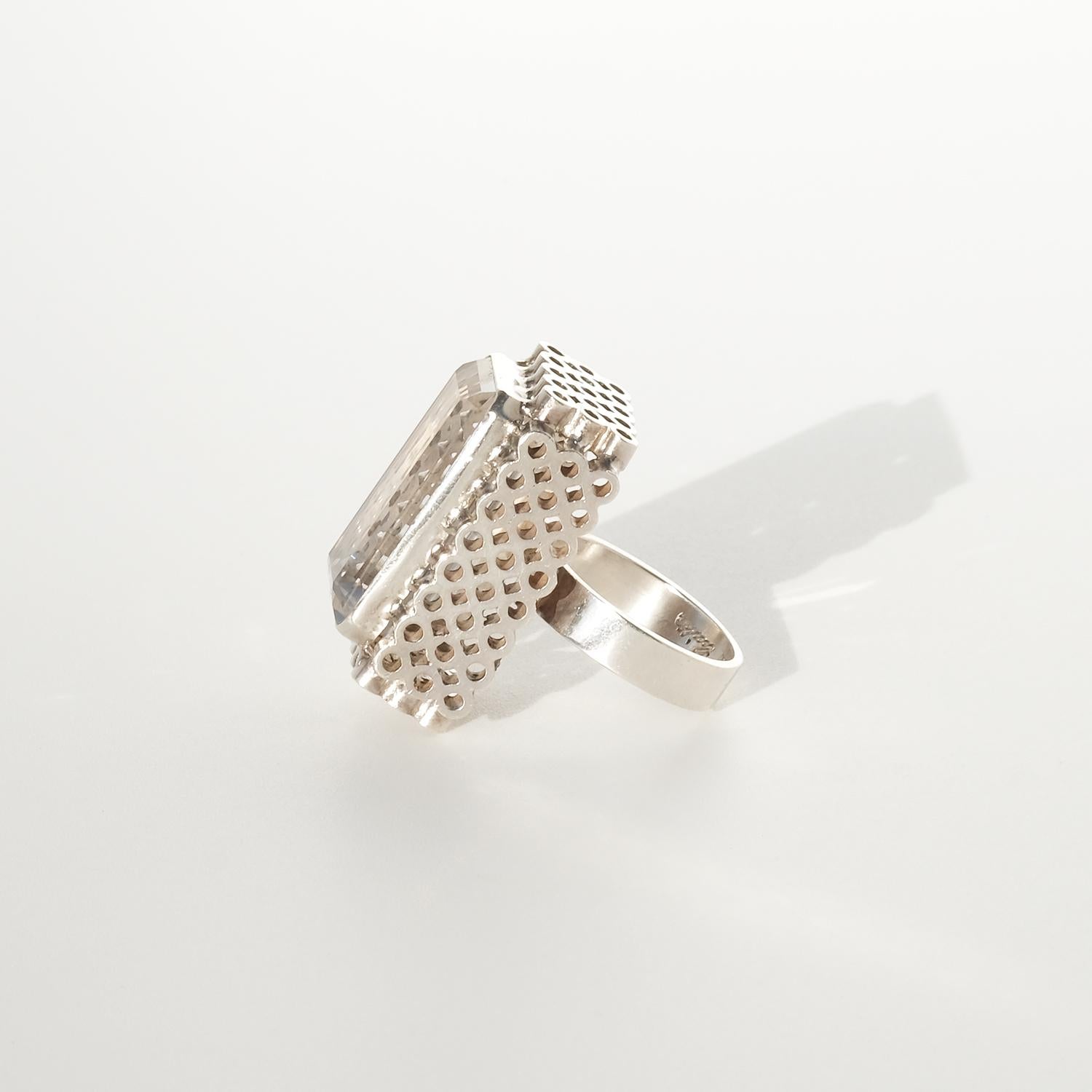 Square Cut Vintage Silver and Rock Crystal Ring by Cecilia Johansson Made 1975