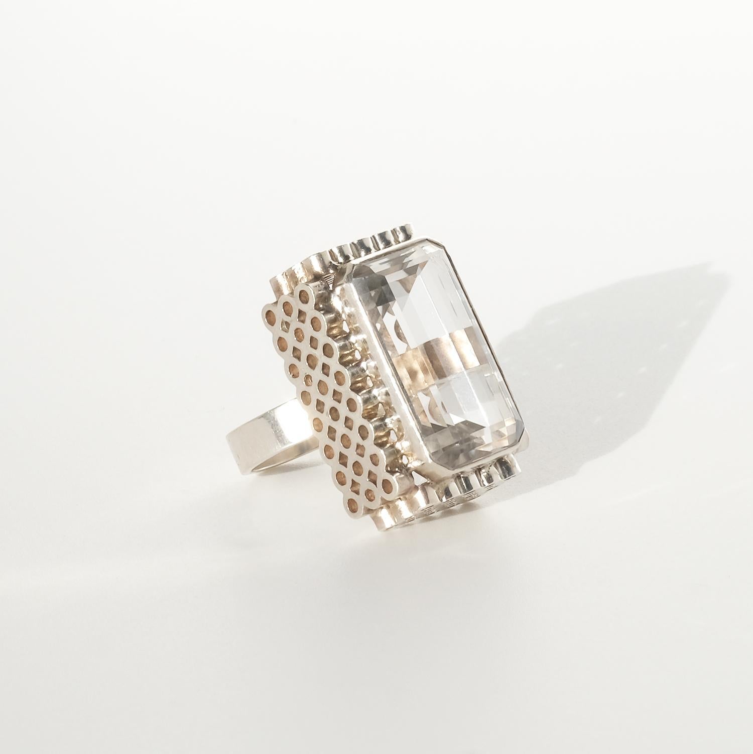 Women's or Men's Vintage Silver and Rock Crystal Ring by Cecilia Johansson Made 1975