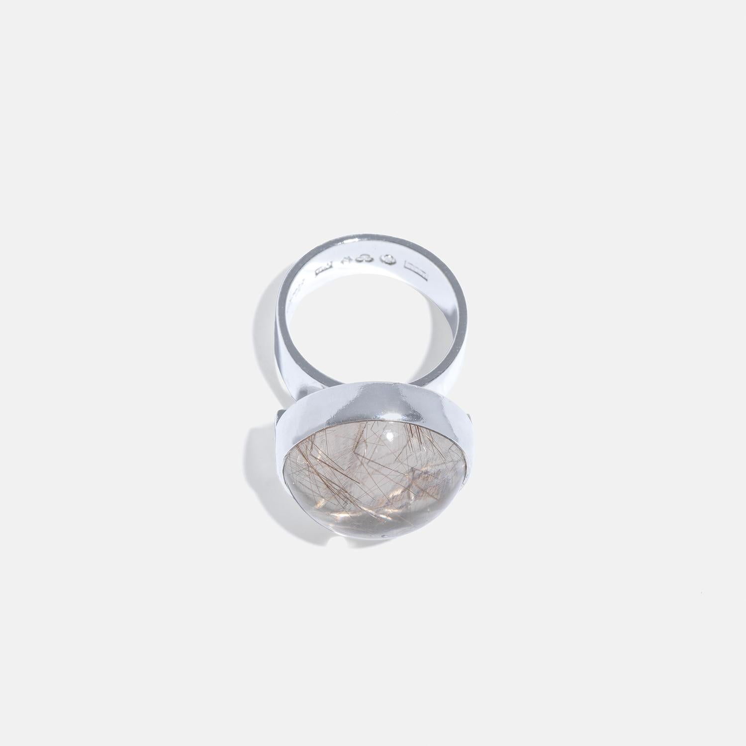 Cabochon Vintage Silver and Rutile Quartz Ring by Cecilia Johansson Made 1972 For Sale