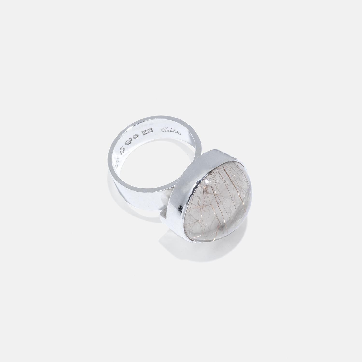 Vintage Silver and Rutile Quartz Ring by Cecilia Johansson Made 1972 In Good Condition For Sale In Stockholm, SE