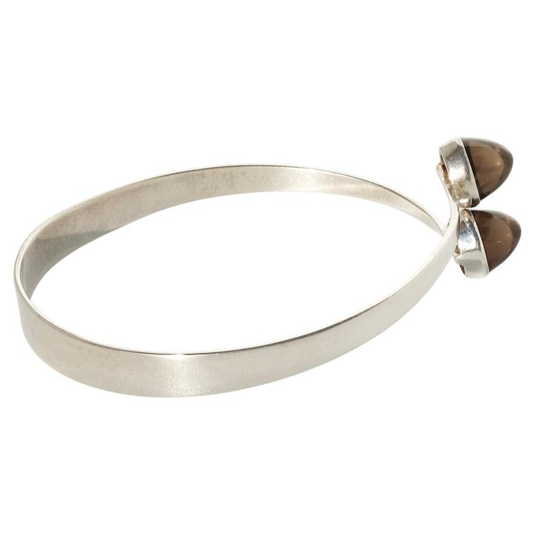 Bracelet En Argent Sterling Et Quartz Fumé Facetté - Style Années 1970 - Occasion