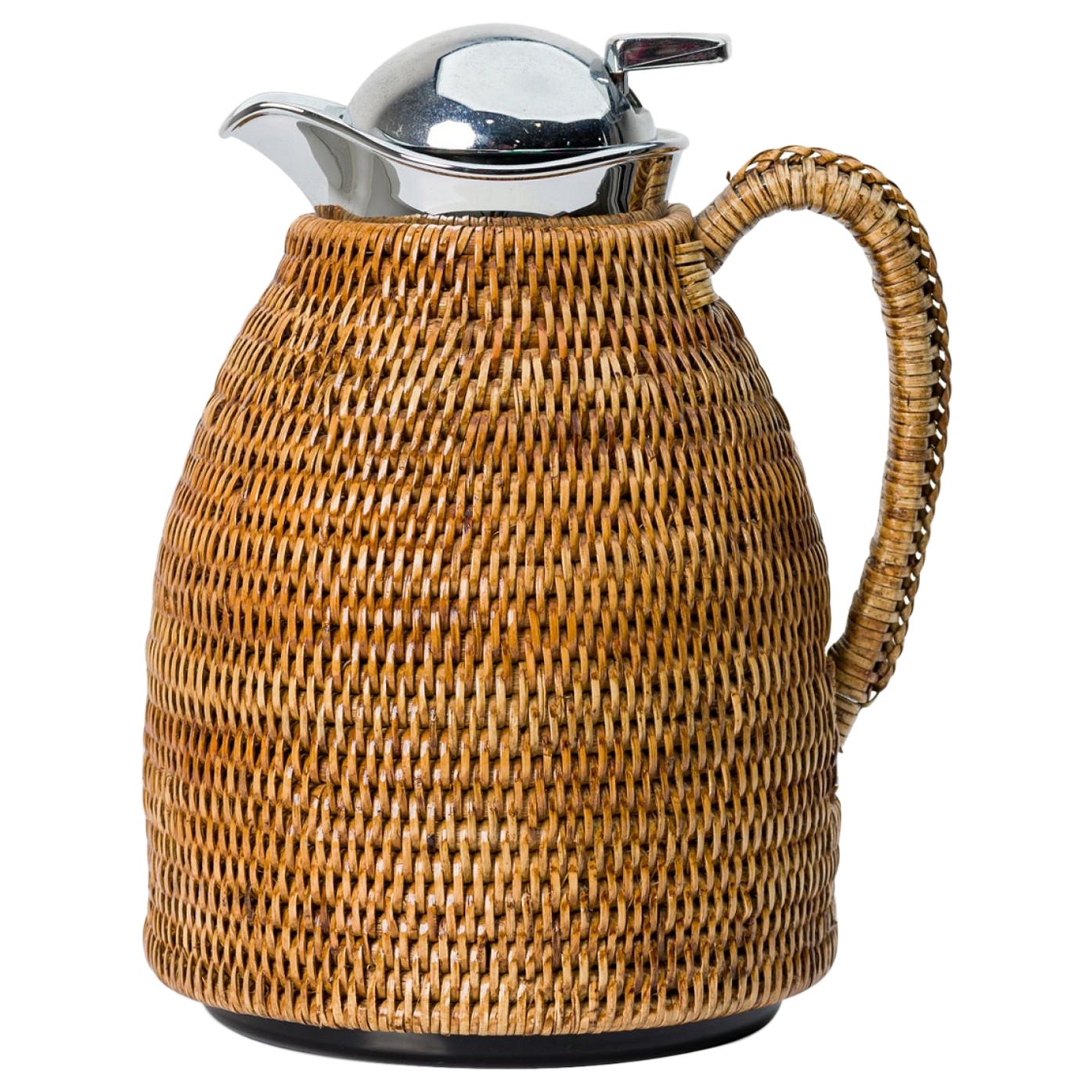 Vintage Silver and Tightly Woven Wicker Water Pitcher For Sale