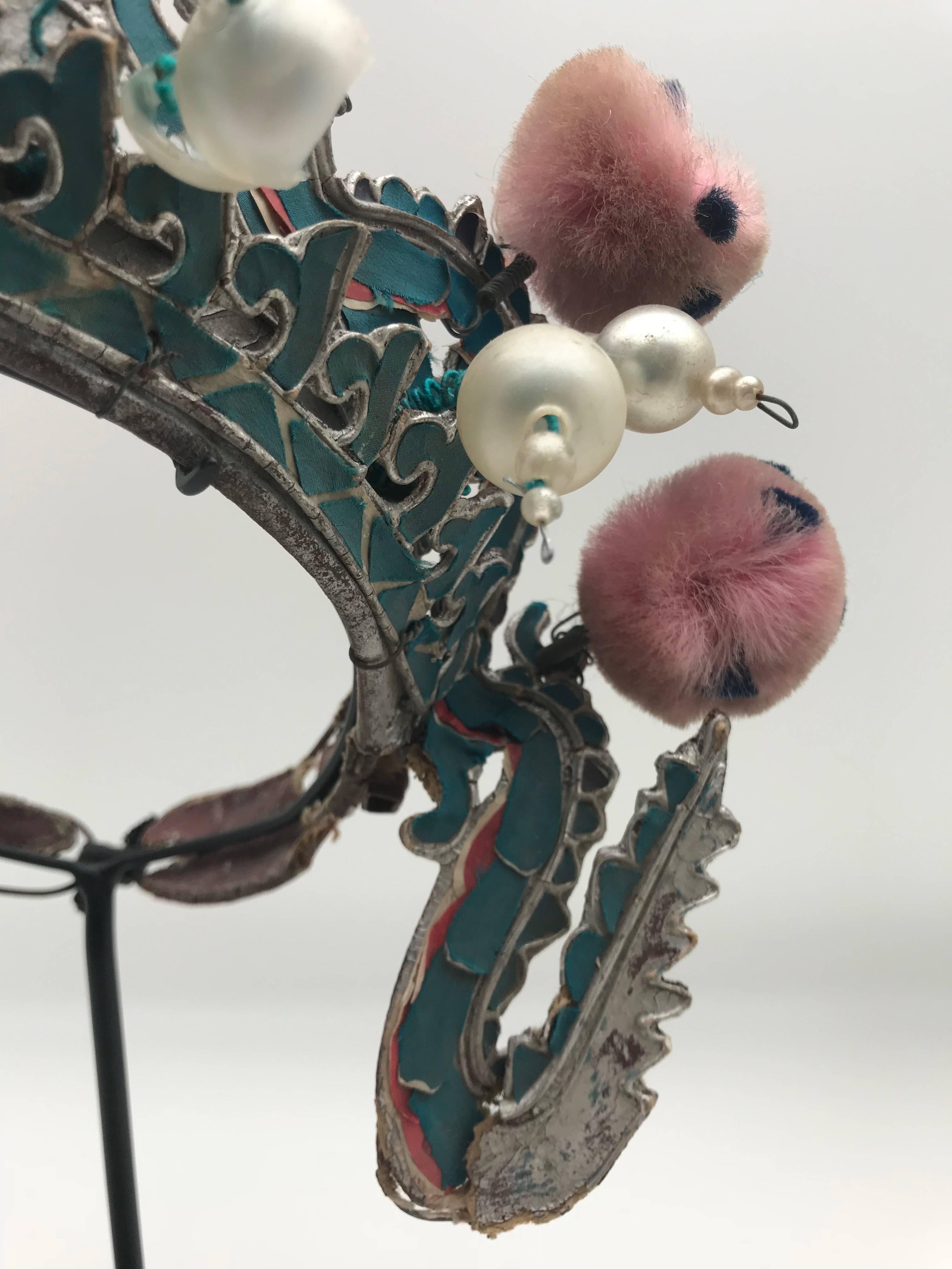Qing Vintage Silver and Turquoise Chinese Opera Theatre Headdress Pink/Blue Pom Poms