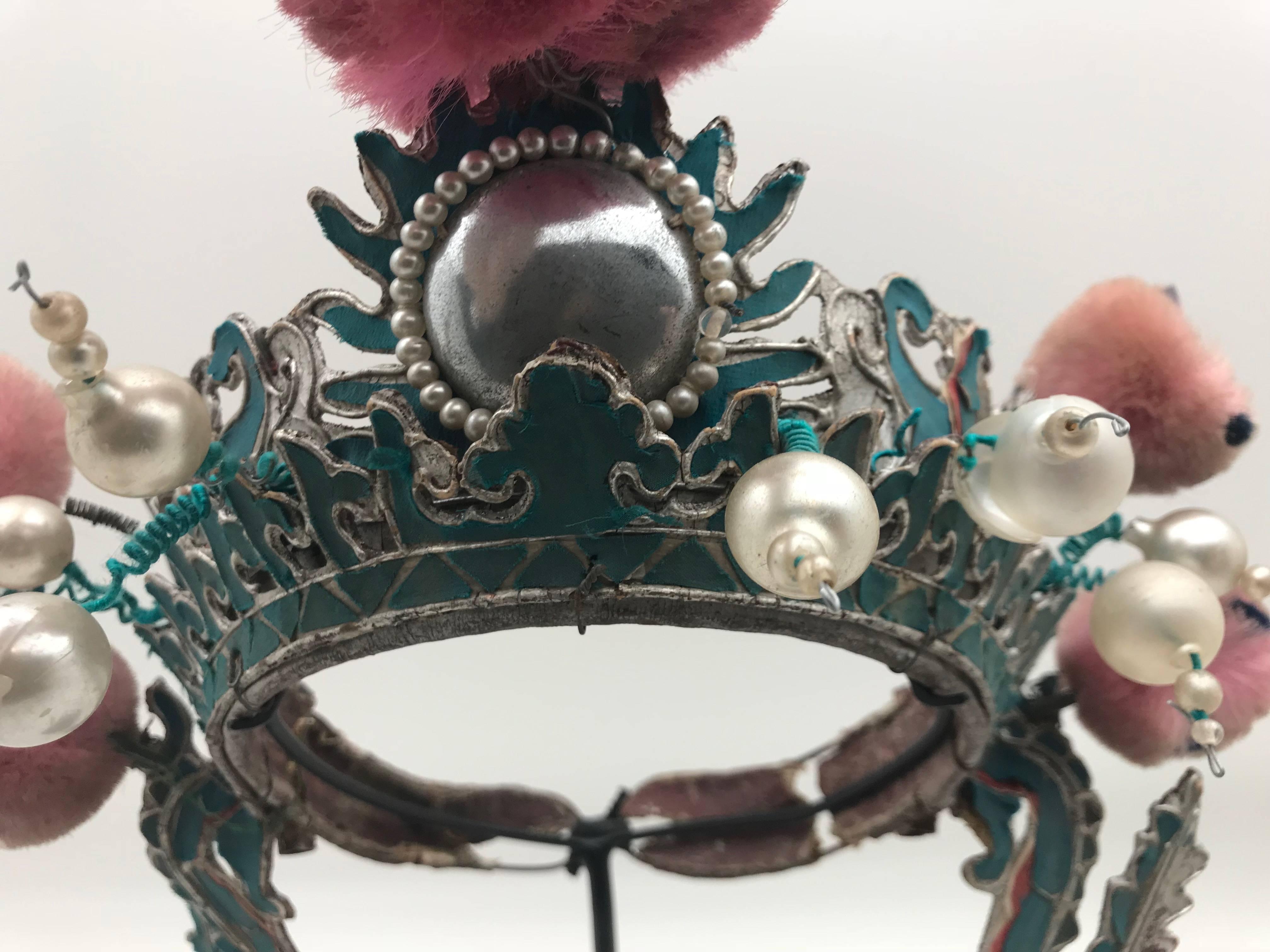 Vintage Silver and Turquoise Chinese Opera Theatre Headdress Pink/Blue Pom Poms In Good Condition In New York, NY