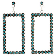 Vintage Silver and Turquoise Zuni Native American Rectangular Drop Earrings