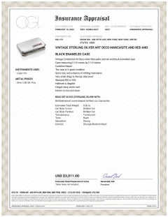 Silbernes Art Deco Marcasite und rot und schwarz emailliertes 3,25 Zoll-Etui