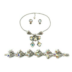 Vintage Silver & Aurora Borealis Crystal Filigree Necklace Suite 1950s
