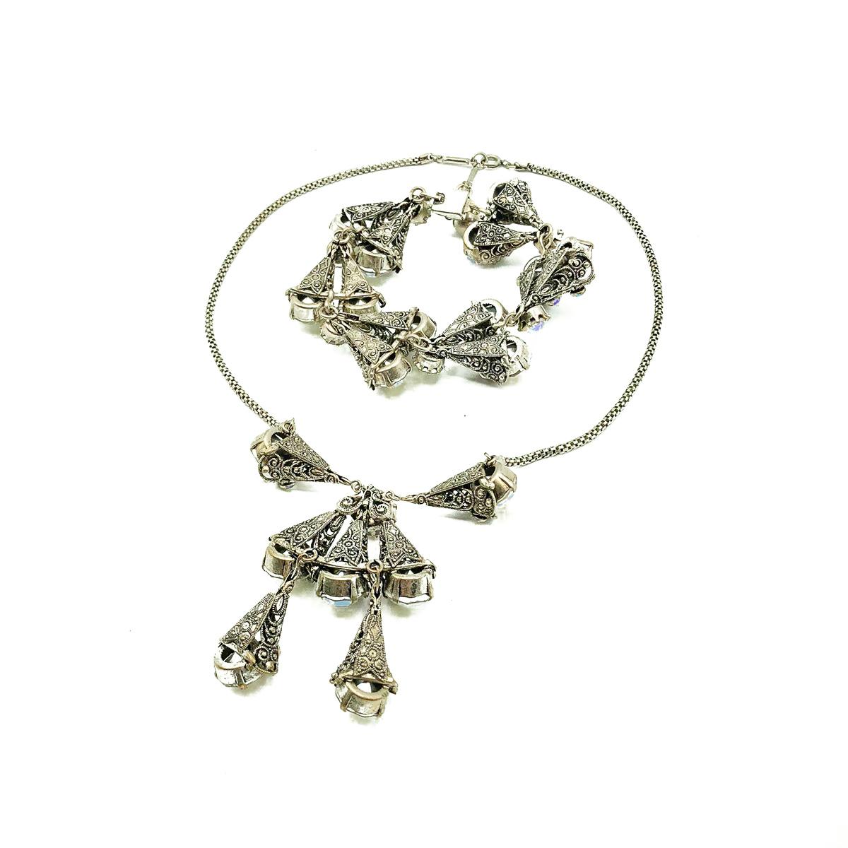 Vintage Silver & Aurora Borealis Crystal Filigree Necklace Suite 1950s In Good Condition For Sale In Wilmslow, GB