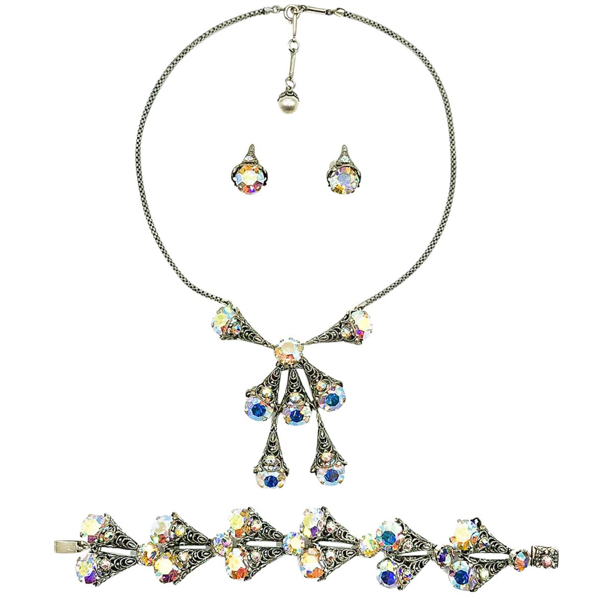 Vintage Silver & Aurora Borealis Crystal Filigree Necklace Suite 1950s For Sale