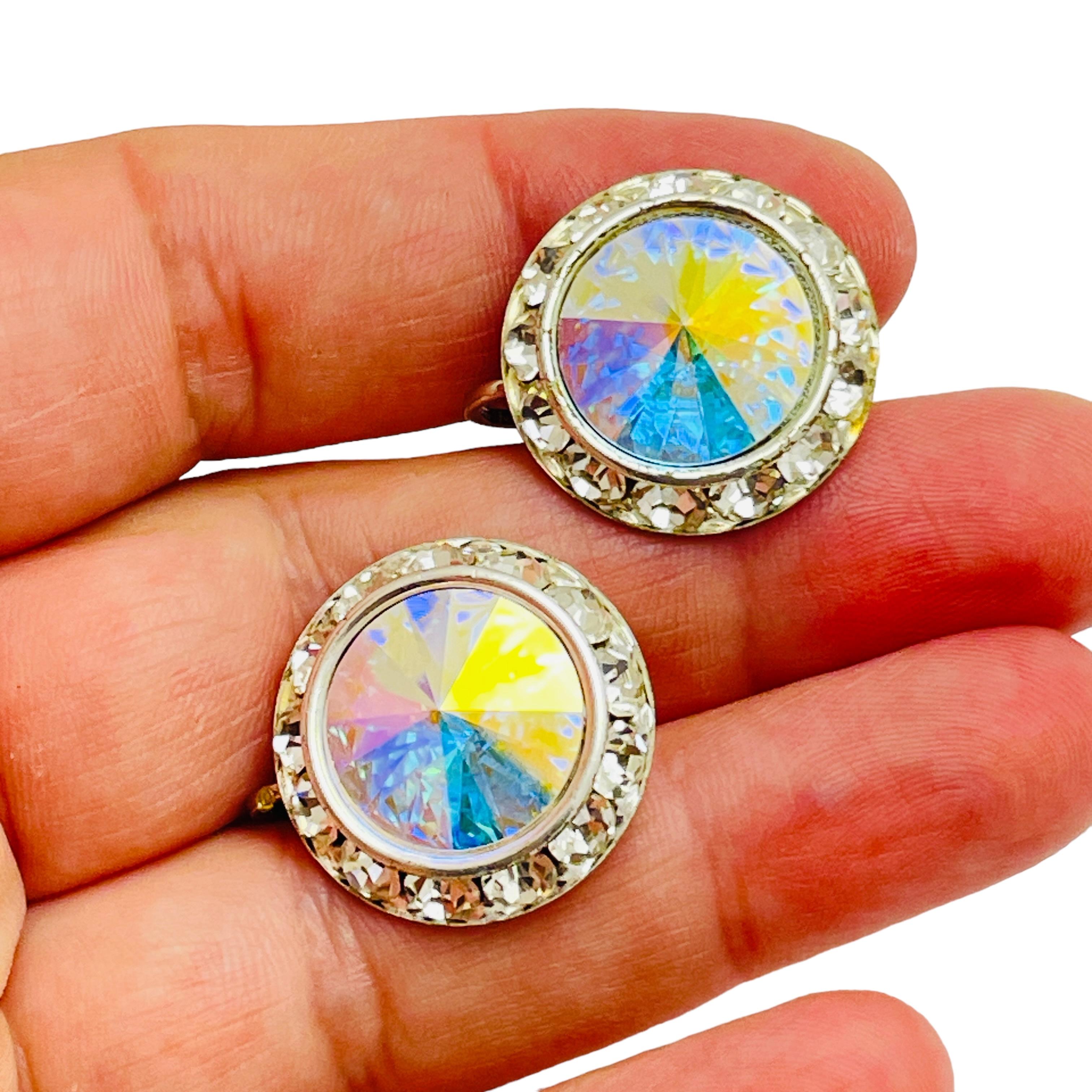 Women's Vintage silver aurora borealis glass rivioli designer earrings For Sale