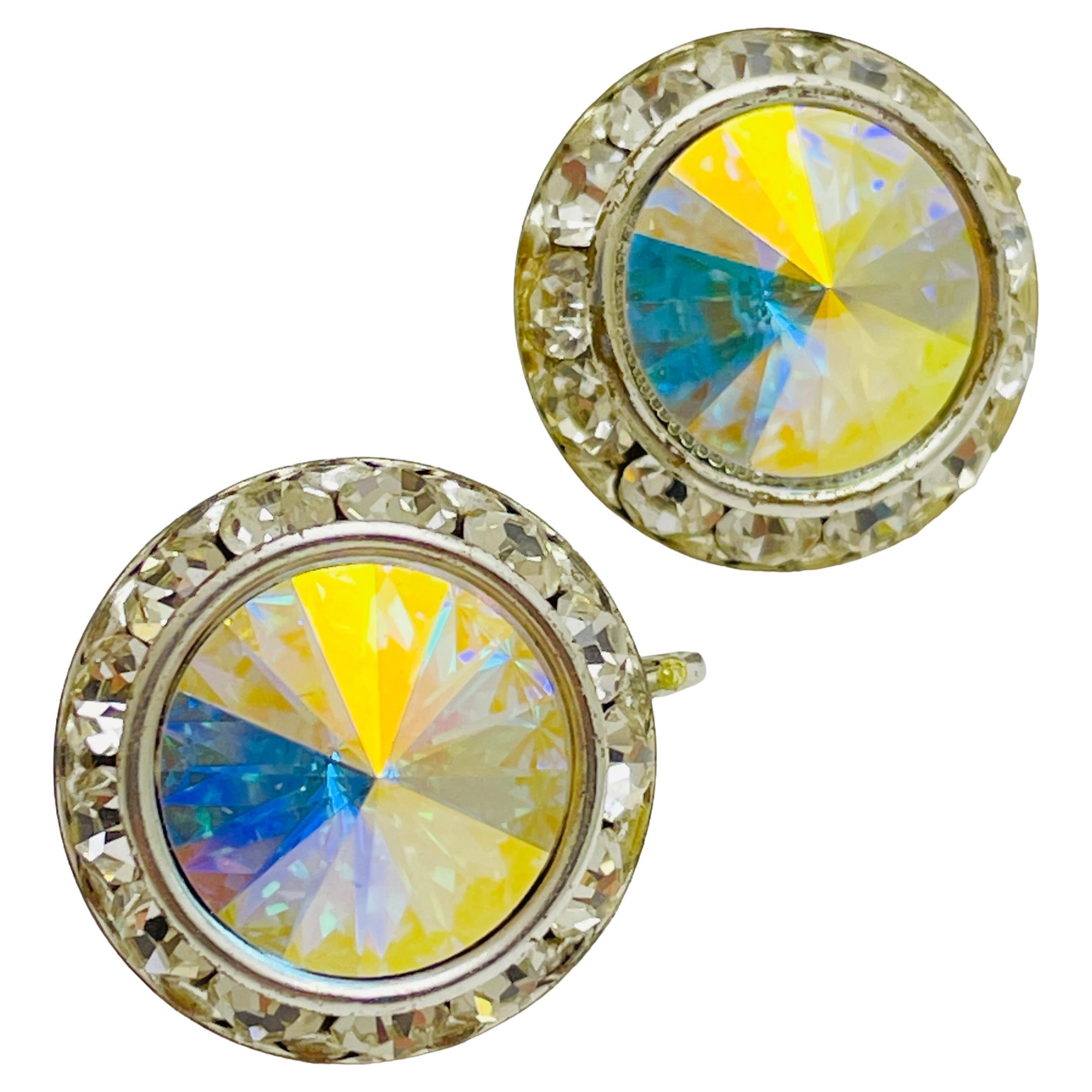 Vintage silver aurora borealis glass rivioli designer earrings For Sale