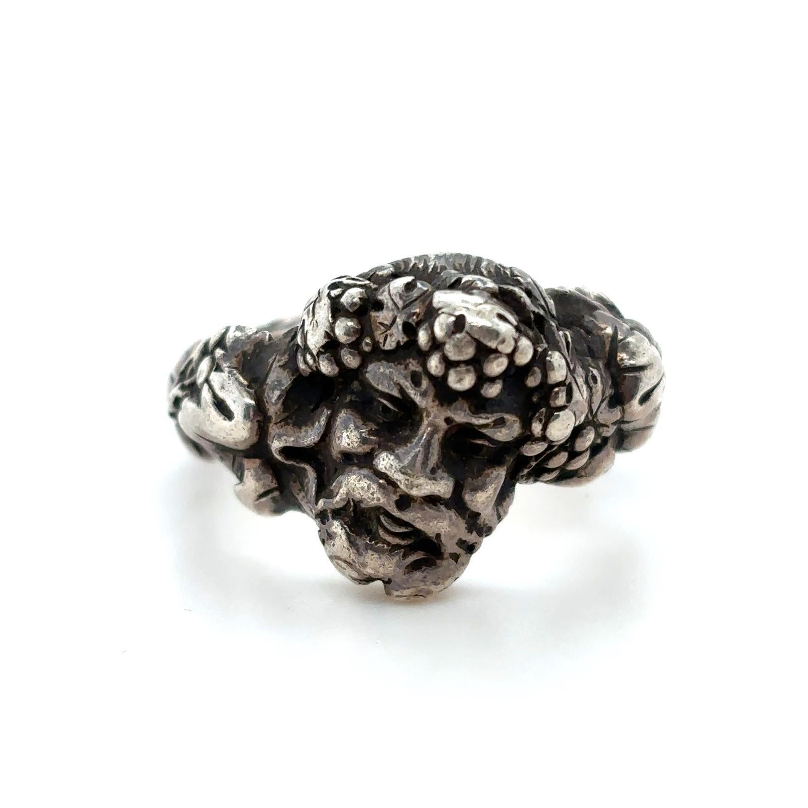 Retro Vintage Silver Bacchus Greek God of Wine Ring, Circa 1960 For Sale