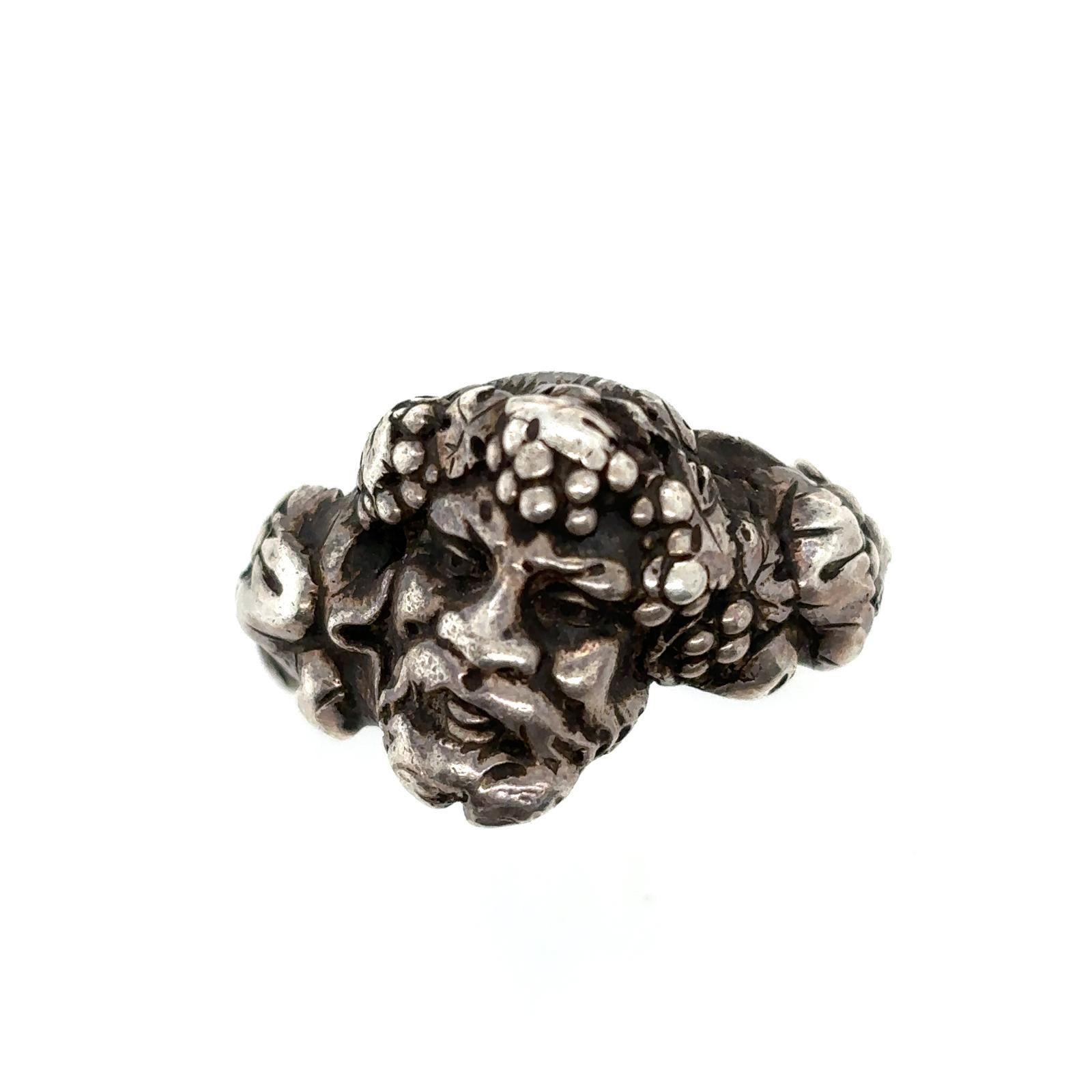 Vintage Silver Bacchus Greek God of Wine Ring, Circa 1960 For Sale 1