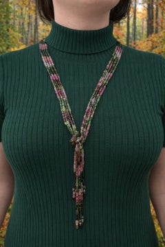 Vintage Silver Bead Faceted Briolette & Cube Cut Tourmaline Long Scarf Necklace