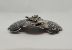 Vintage Silver Belt Buckle with Black & Brass, Sword Latch, Domed, 3.75 x 3 Inch