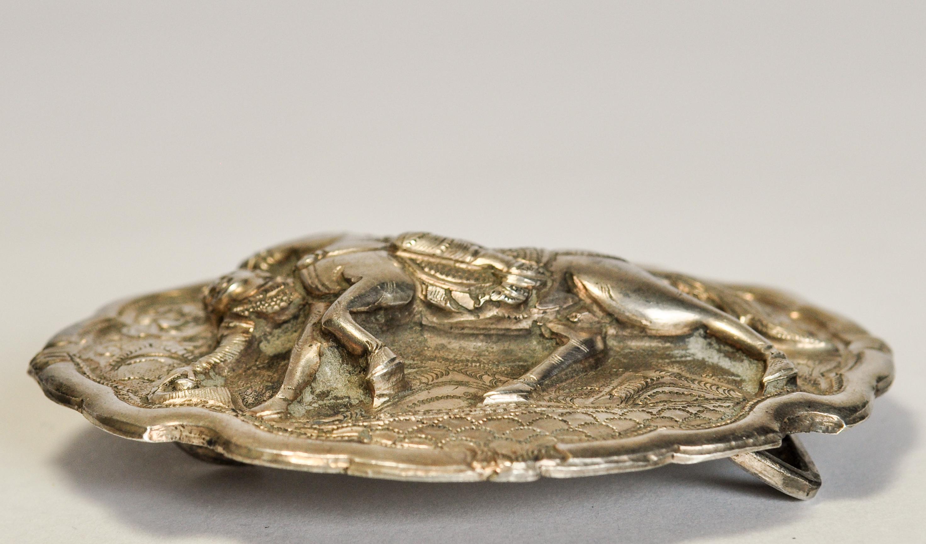 Repoussé Vintage Silver Belt Buckle with Horse & Rider Motif, Burma, Mid-20th Century