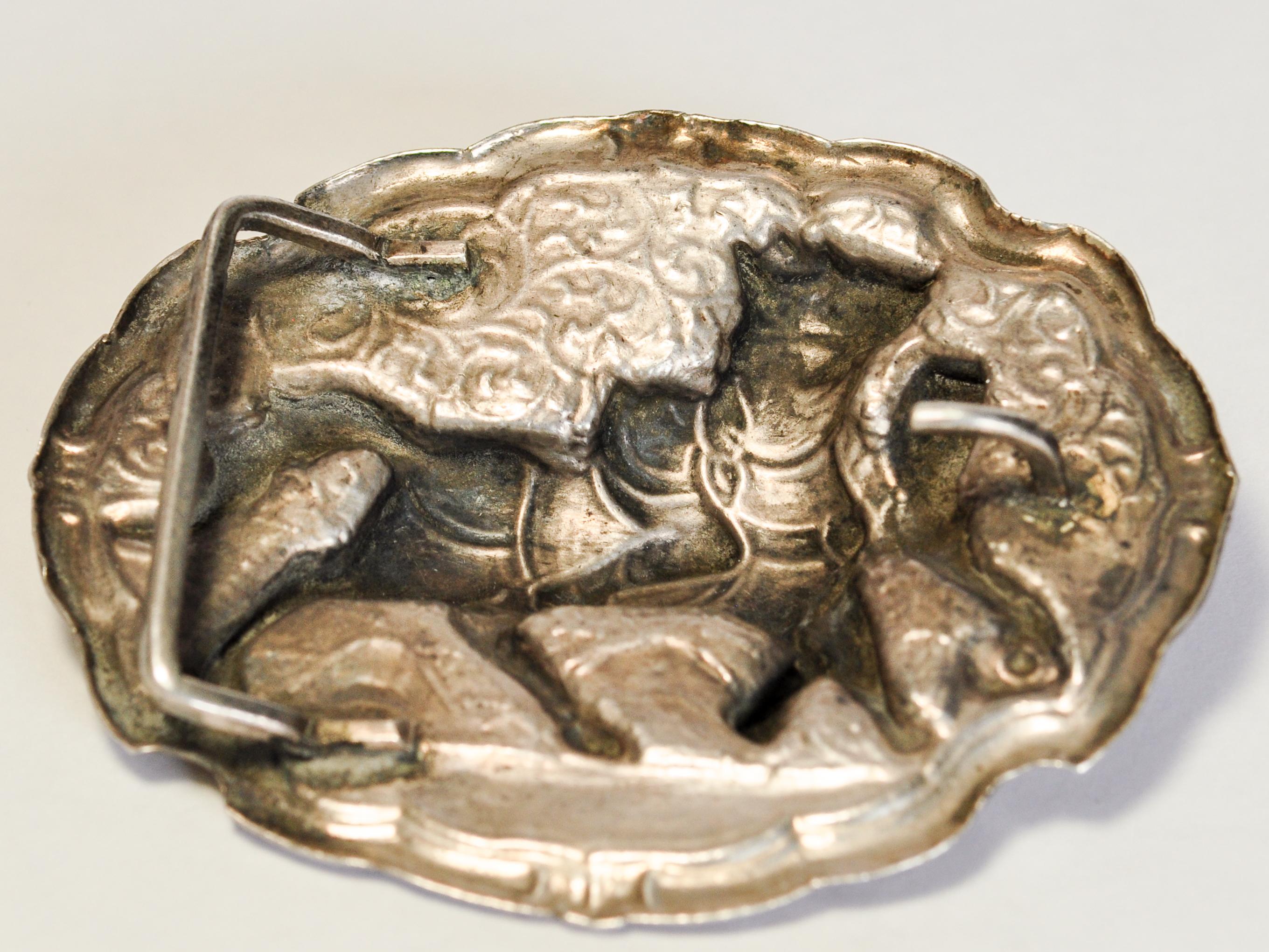 Vintage Silver Belt Buckle with Horse & Rider Motif, Burma, Mid-20th Century In Good Condition In Point Richmond, CA