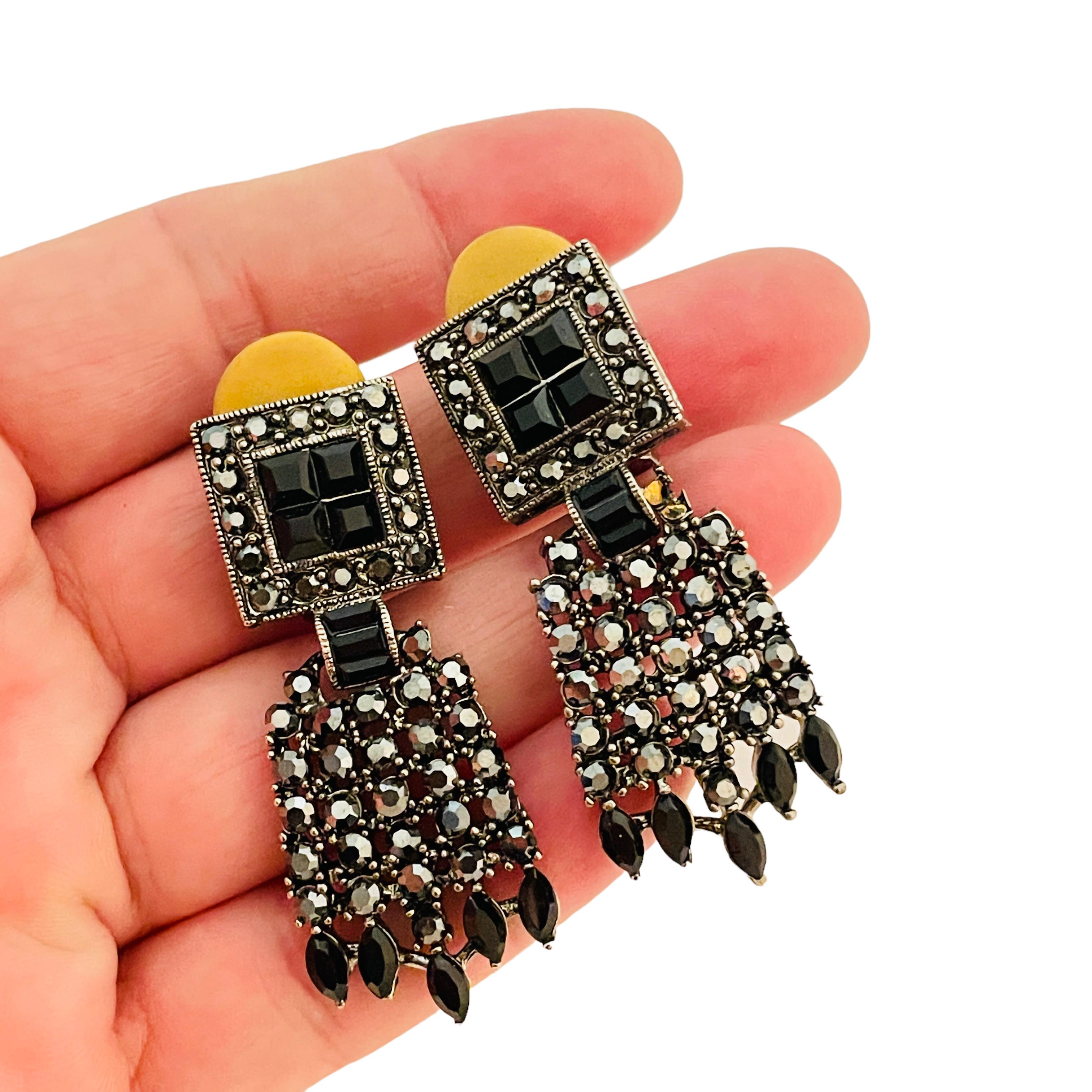 Women's or Men's Vintage silver black rhinestone designer runway clip on earrings For Sale