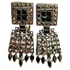 Vintage silver black rhinestone designer runway clip on earrings